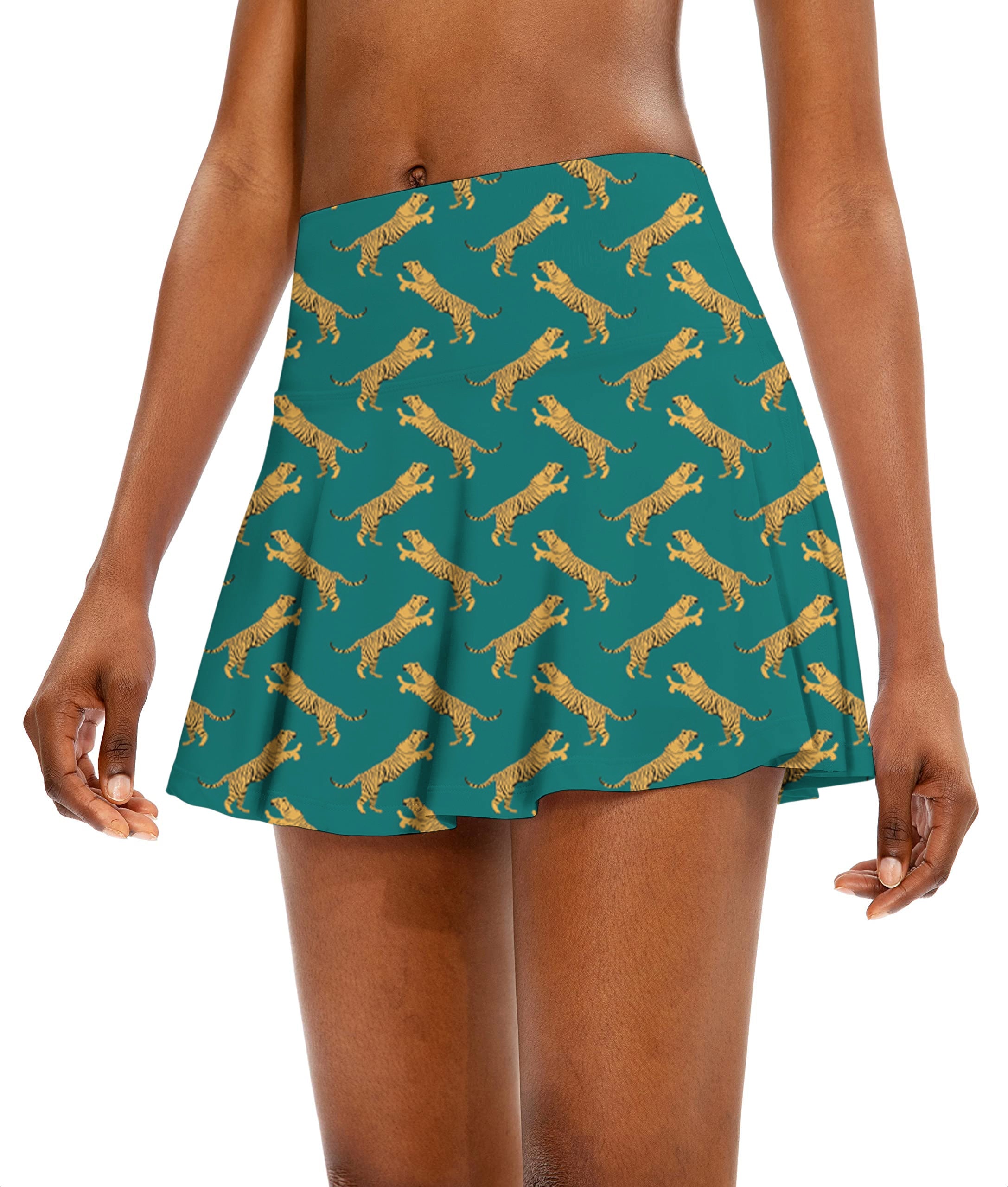 green tiger women's athletic golf skorts with flared design and tiger print pattern