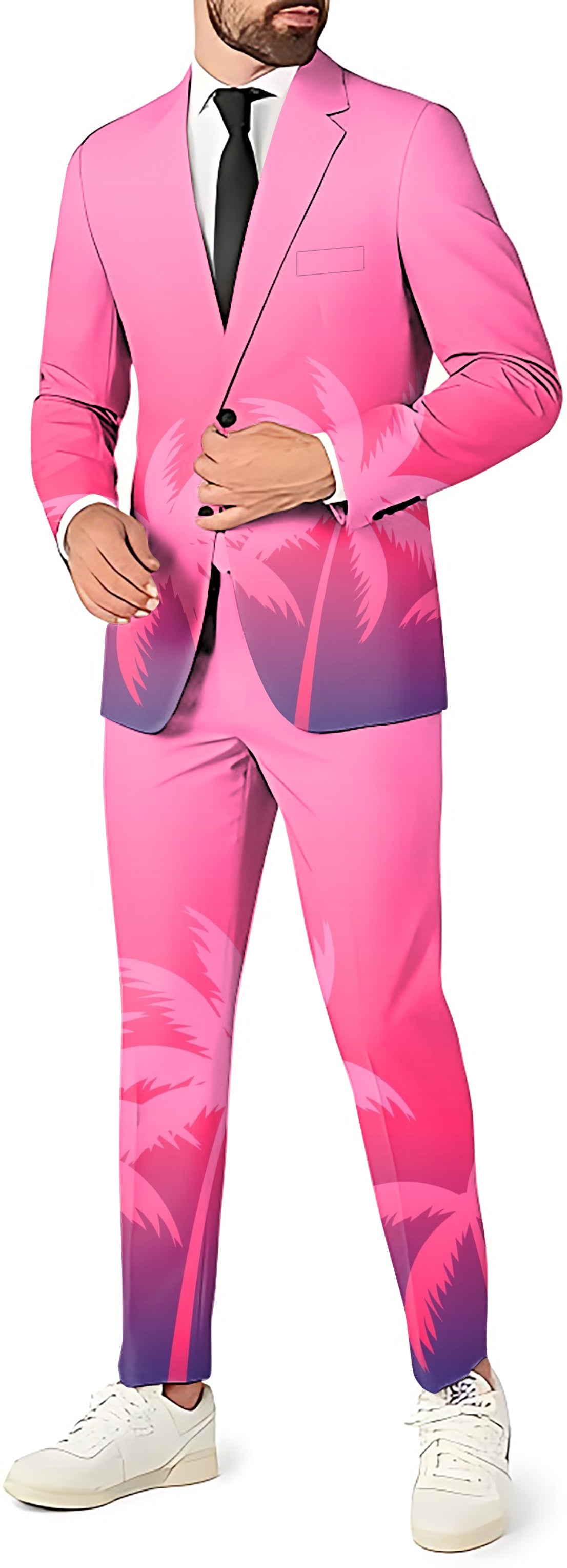 Men's pink Palm Paradise party suit set with blazer, pants, and vest featuring sunset palm print