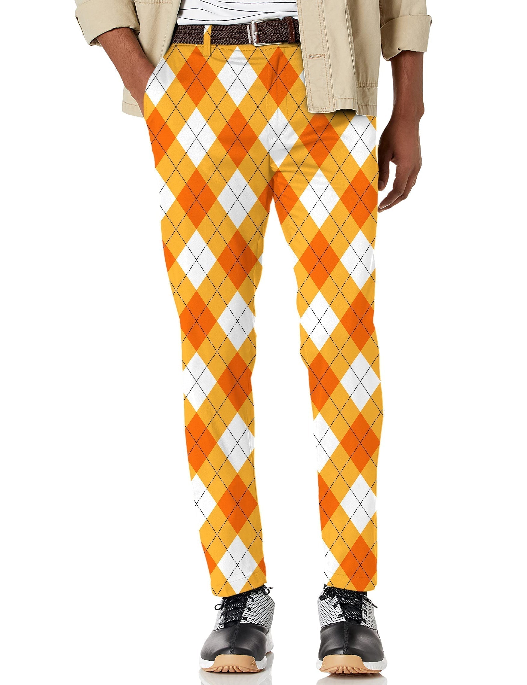 Men's Halloween Cross orange and white argyle stretch golf pants with moisture-wicking fabric and active waistband