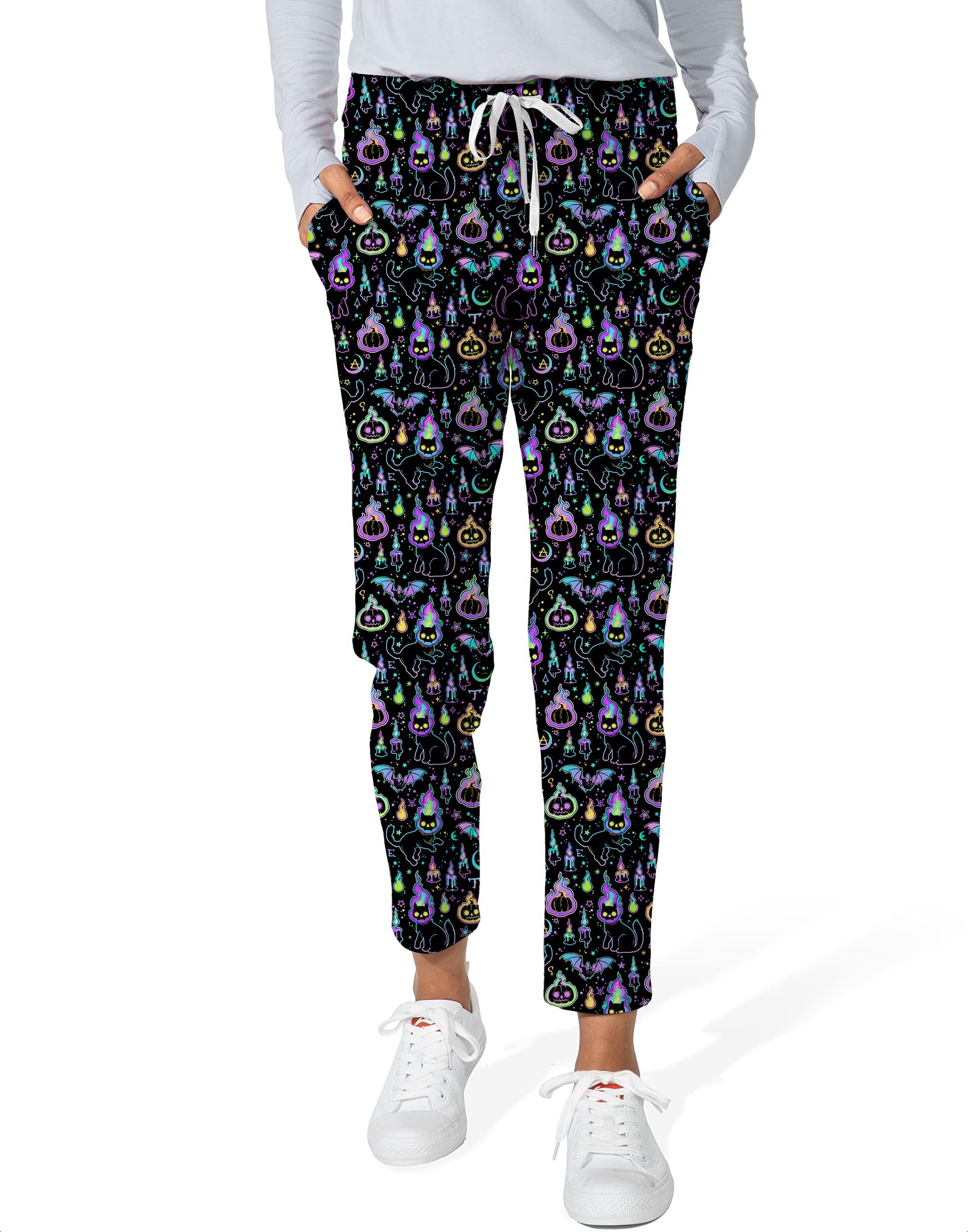 Women's 7/8 stretch ankle golf pants with Halloween ghost pumpkin and cat pattern