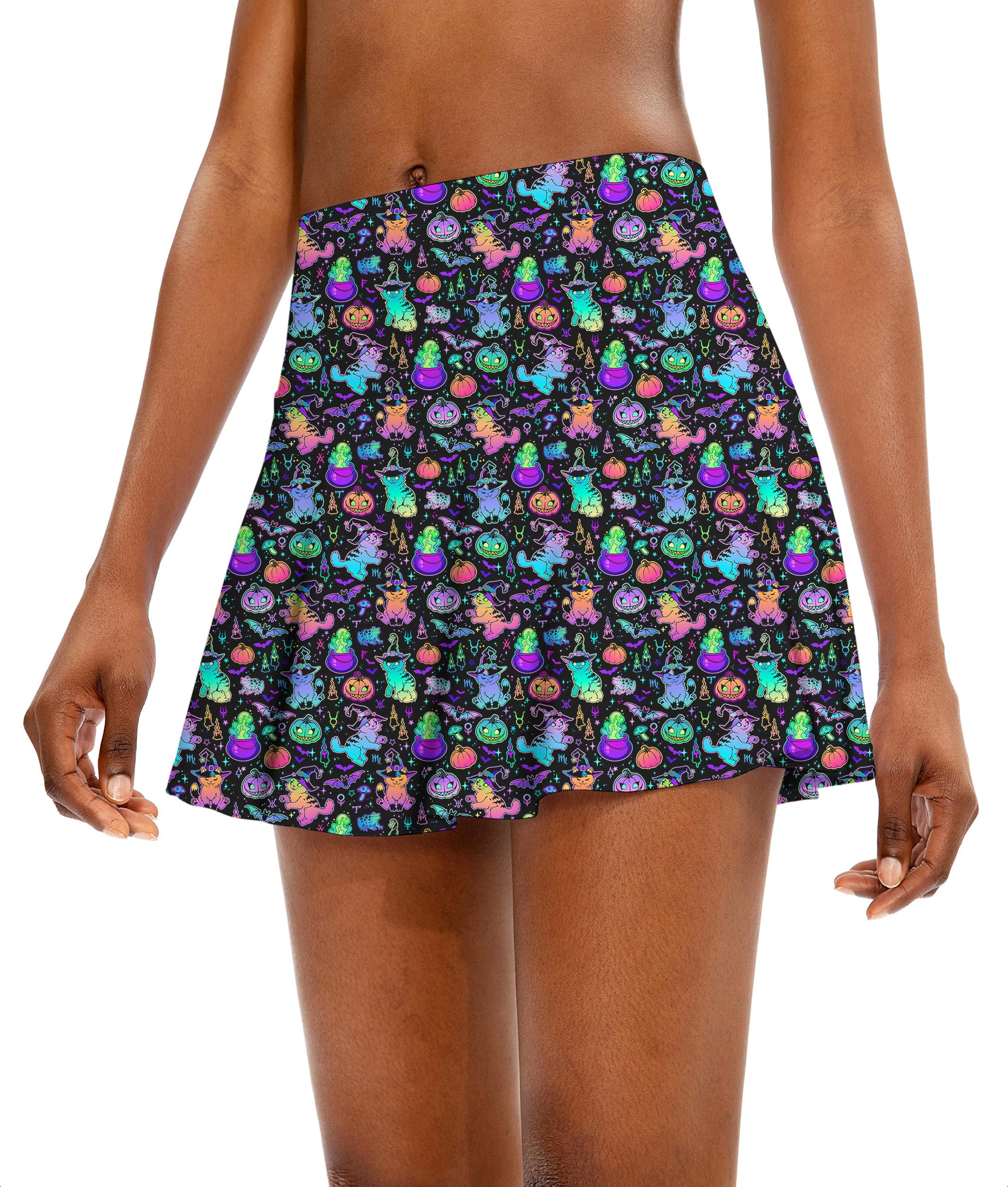 Women's athletic golf skort with Halloween Constellation Cat pattern and flared design