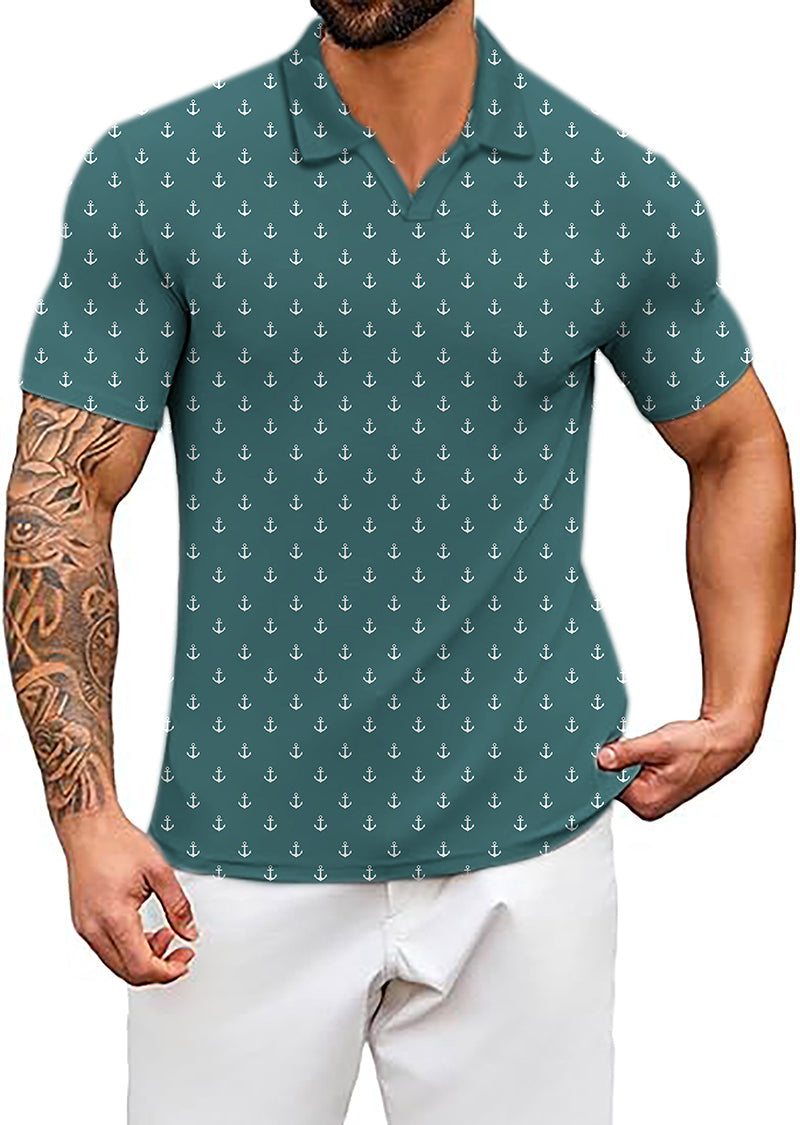 Men's Coconut Palm navy blue polo shirt with lime anchor print, four-way stretch, moisture-wicking fabric, and wrinkle-resistant classic fit