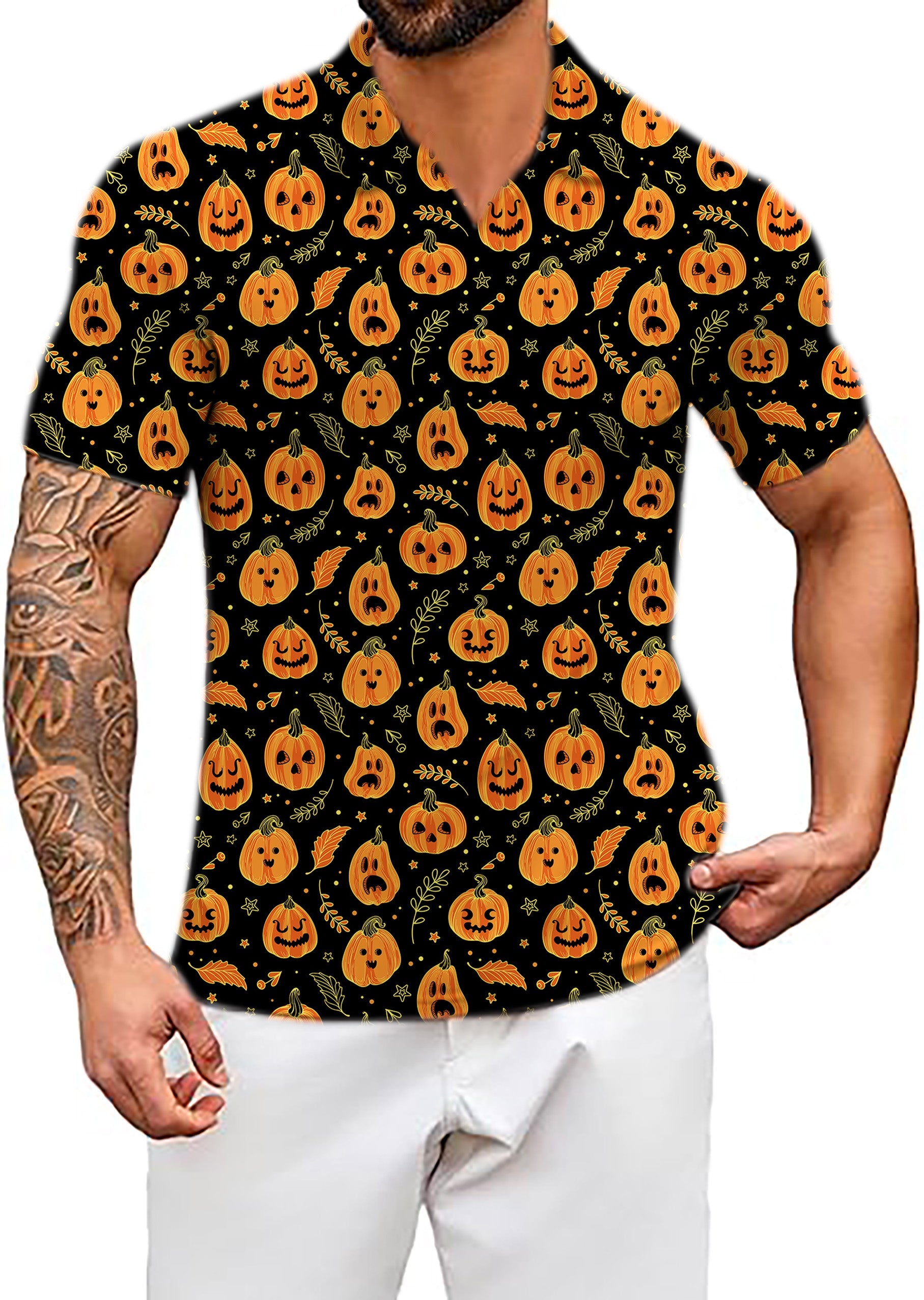 Men's Coconut Palm Halloween pumpkin print V-neck golf polo shirt with stretchy, moisture-wicking fabric and UPF 40+ protection