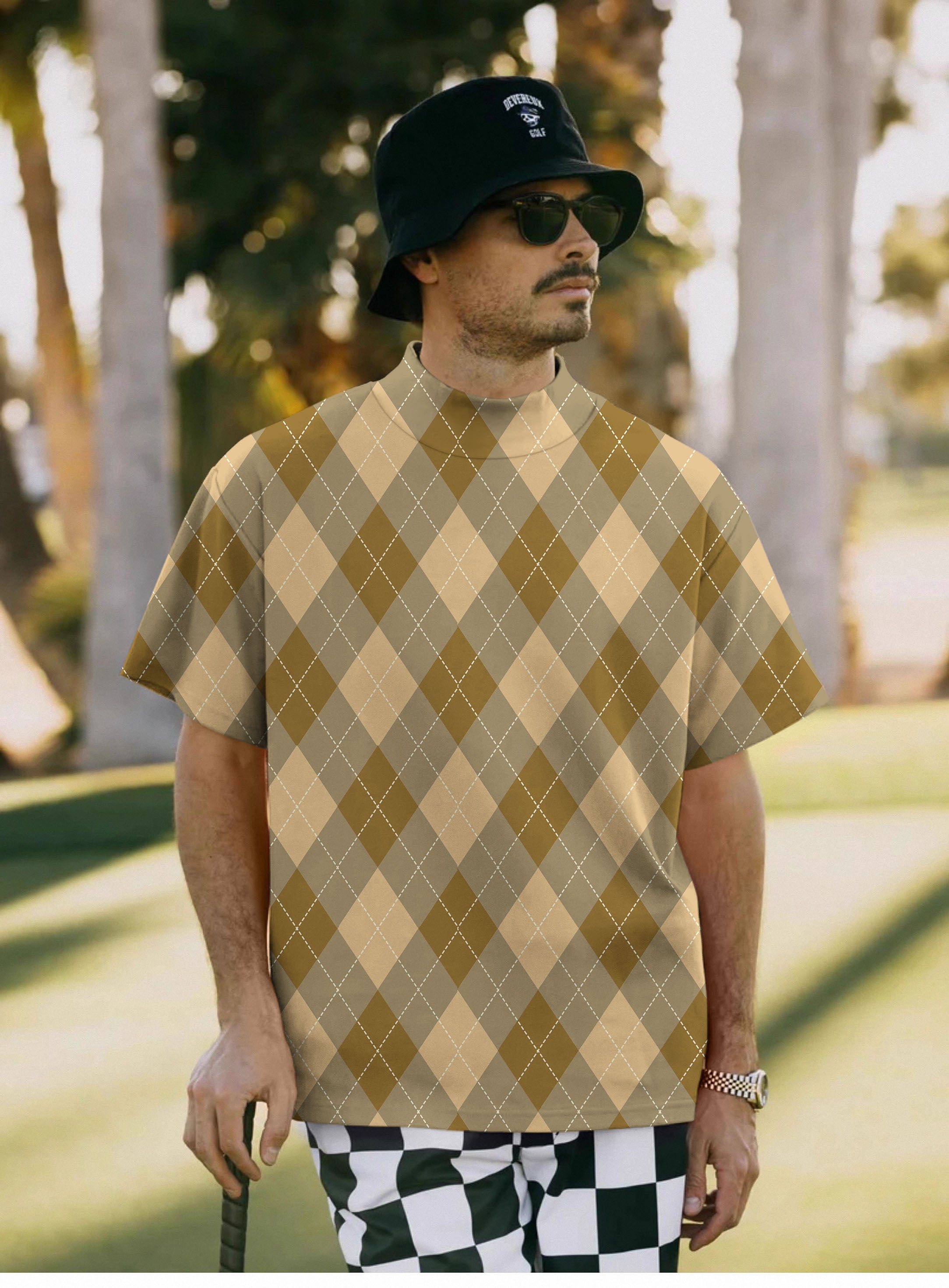 Men's brown Argyle Pullover High neck Long/Short sleeve T-Shirt