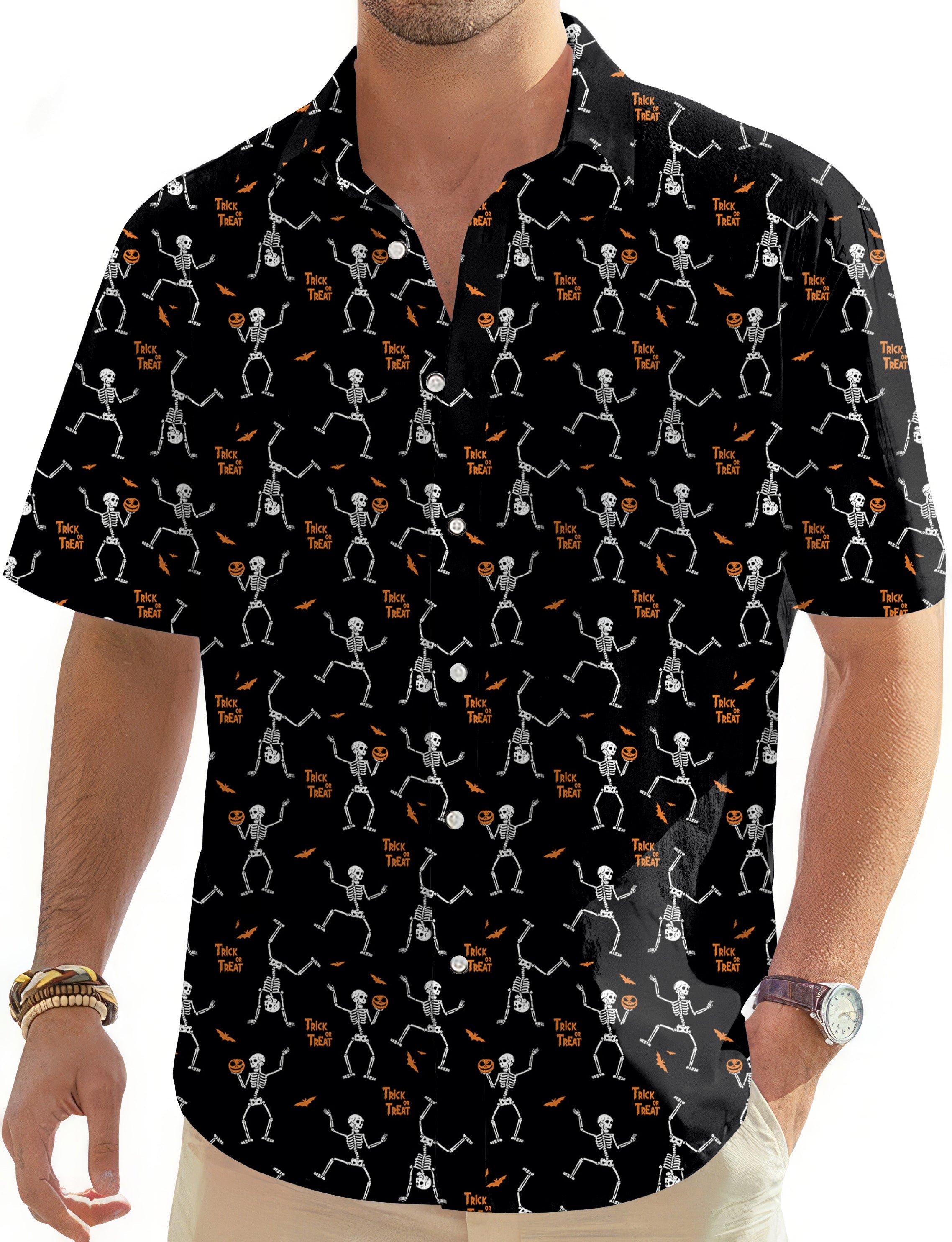 Men's Halloween Dancing Skeletons Hawaiian golf shirt with button-down and classic collar