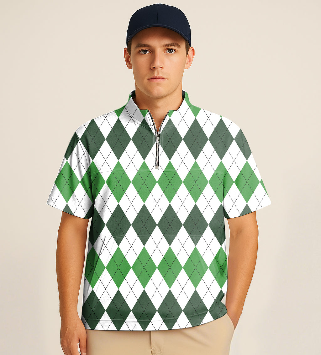 Men's half zipper turtleneck golf shirt with green and white St. Patrick's Day argyle plaid embroidery