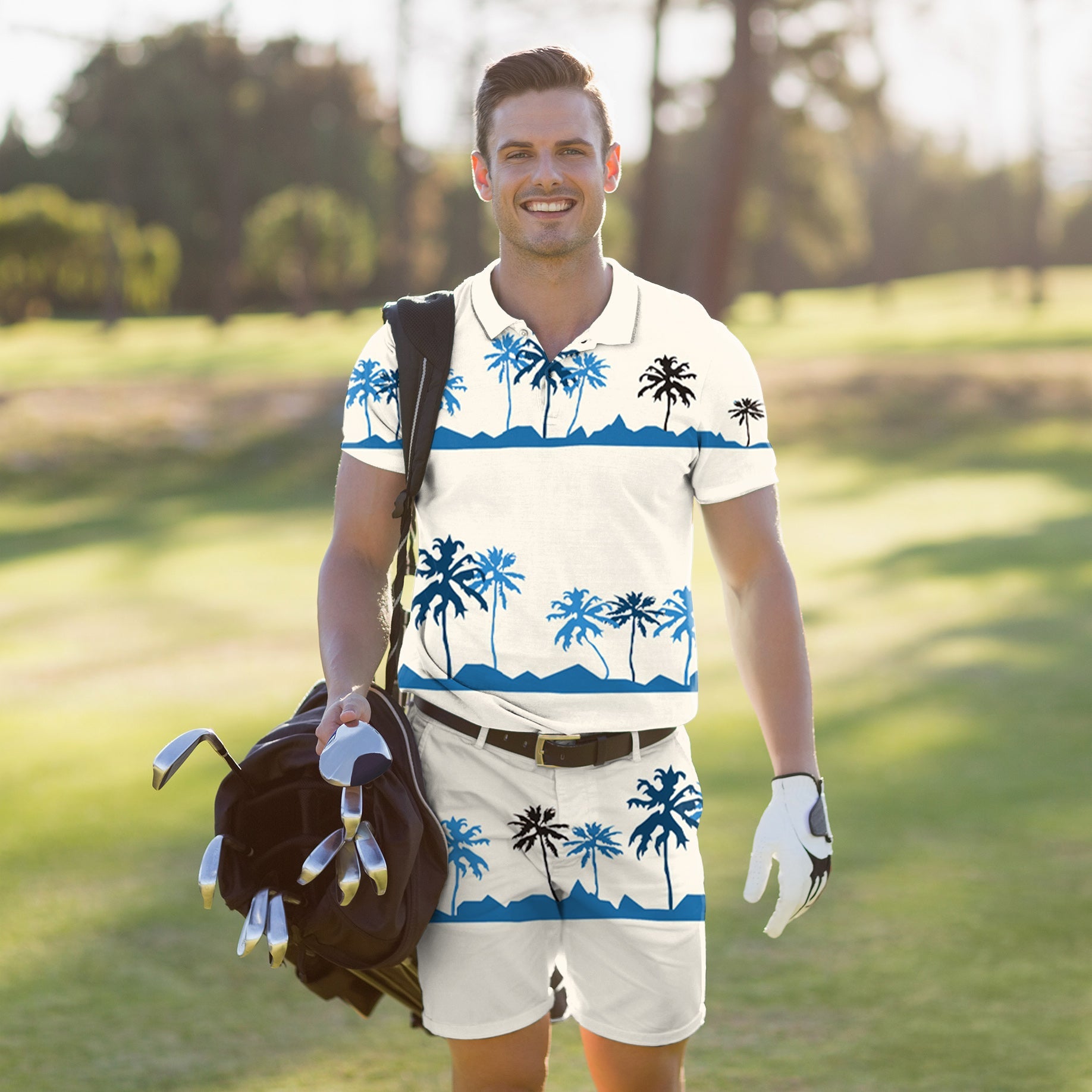 Men's golf set with palm tree print polo and shorts, breathable, stretch fabric, UPF 40+ protection, wrinkle-resistant, classic fit