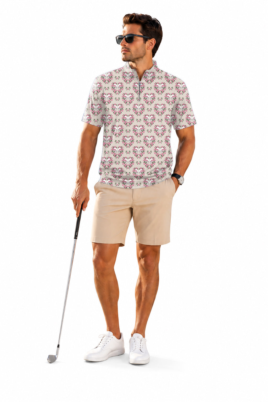 Men's Short Sleeve Quarter Zip Golf Pullover Halloween Skull Rose Embroidery