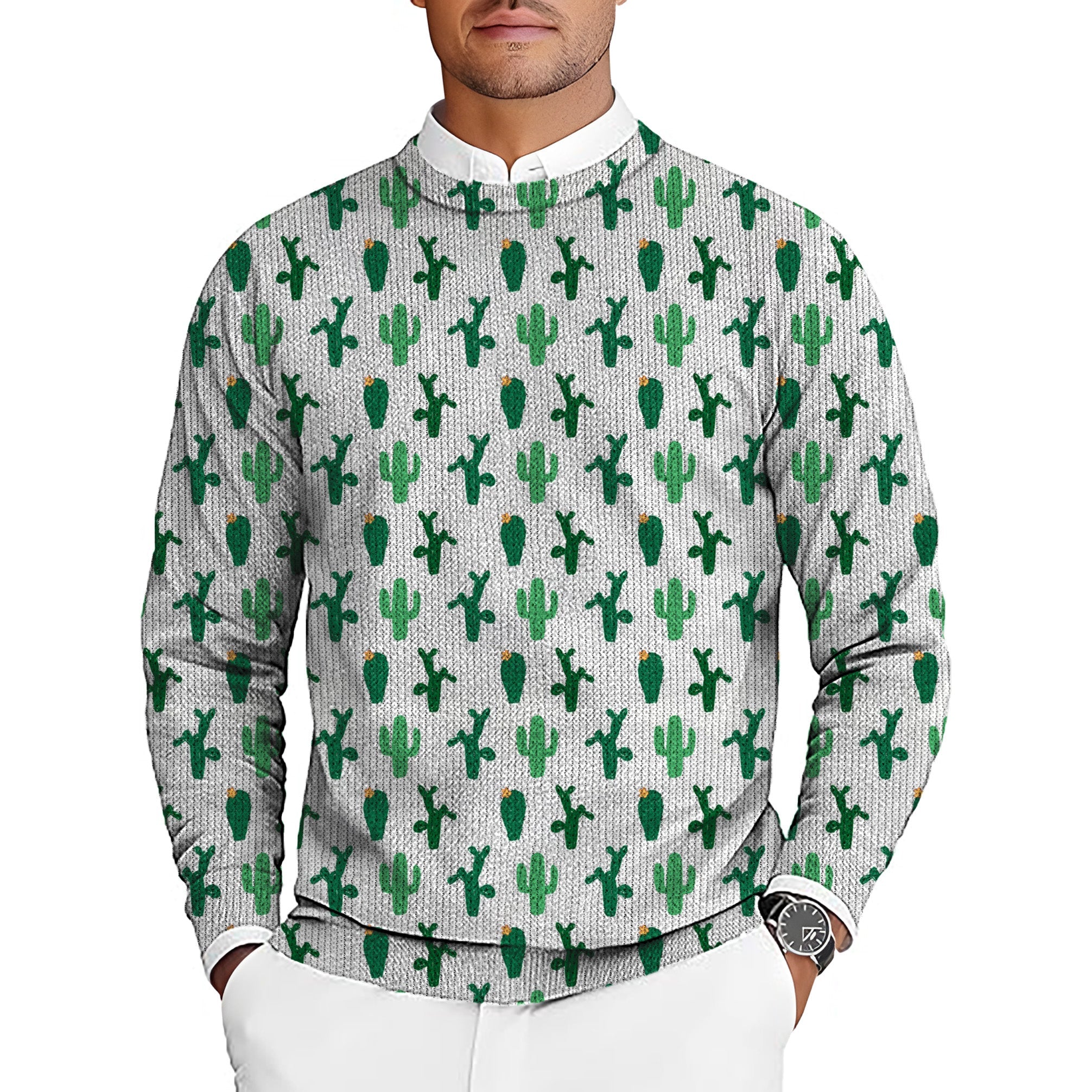 Men's golf crewneck pullover sweater with green cactus pattern, lightweight and stretchy for warmth and comfort.