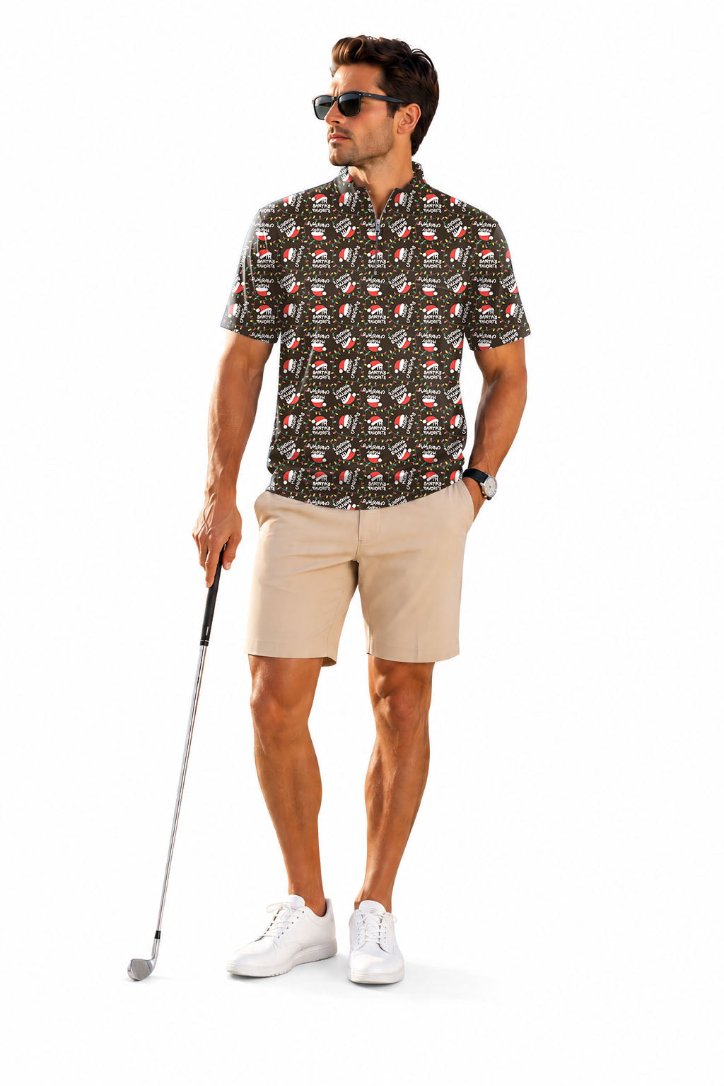 Men's Short Sleeve Quarter Zip Golf Pullover Christmas hat Embroidery