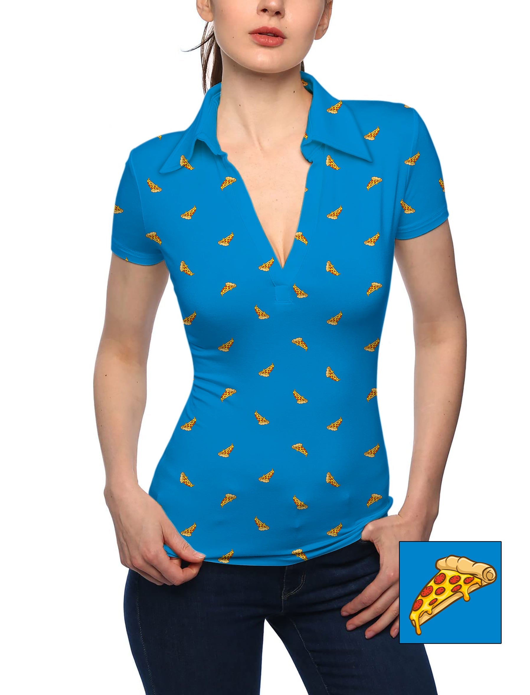 Women's delicious white pizza print blue V-neck golf polo shirt with short sleeves
