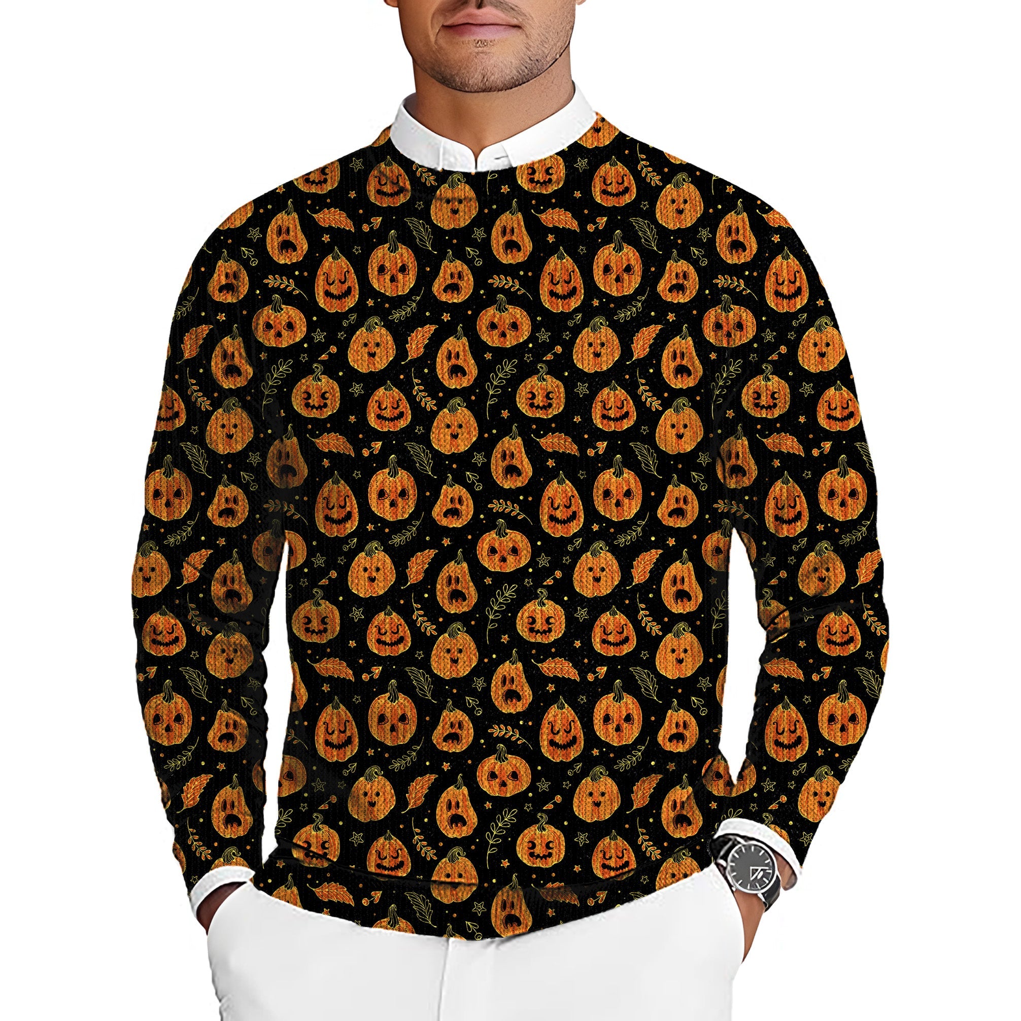 Halloween Kawaii Pumpkin Bones men's golf crewneck pullover sweater with orange pumpkin pattern on black background