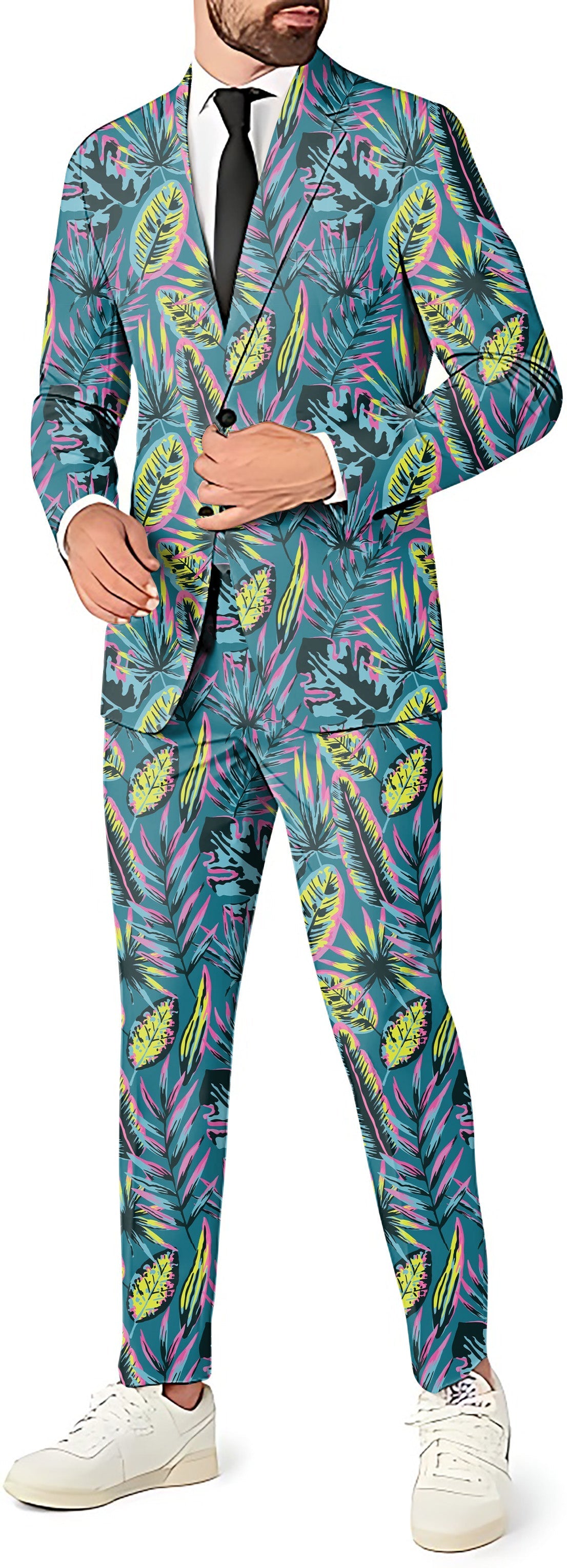 Modern Tropics men's slim fit tropical print party suit with blazer, pants, and vest