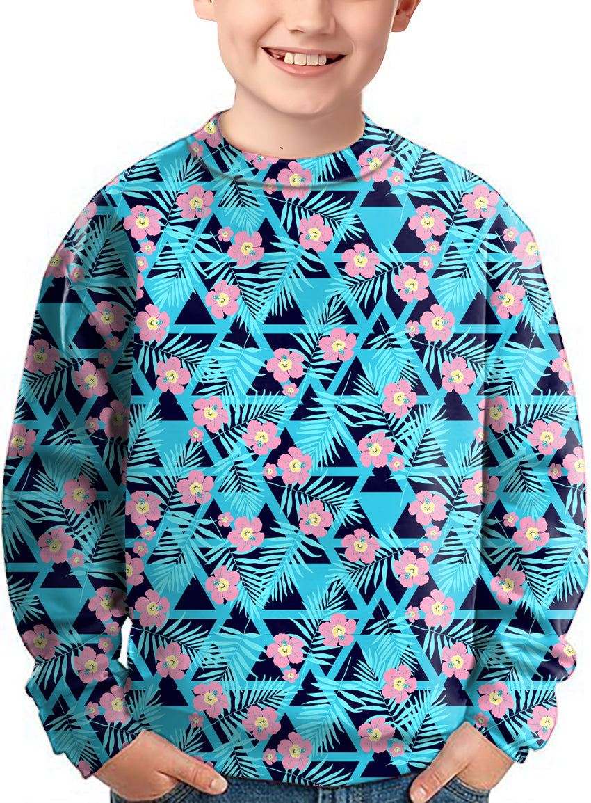 Kids Tropical Bloom crewneck pullover with blue palm leaves and pink flowers pattern