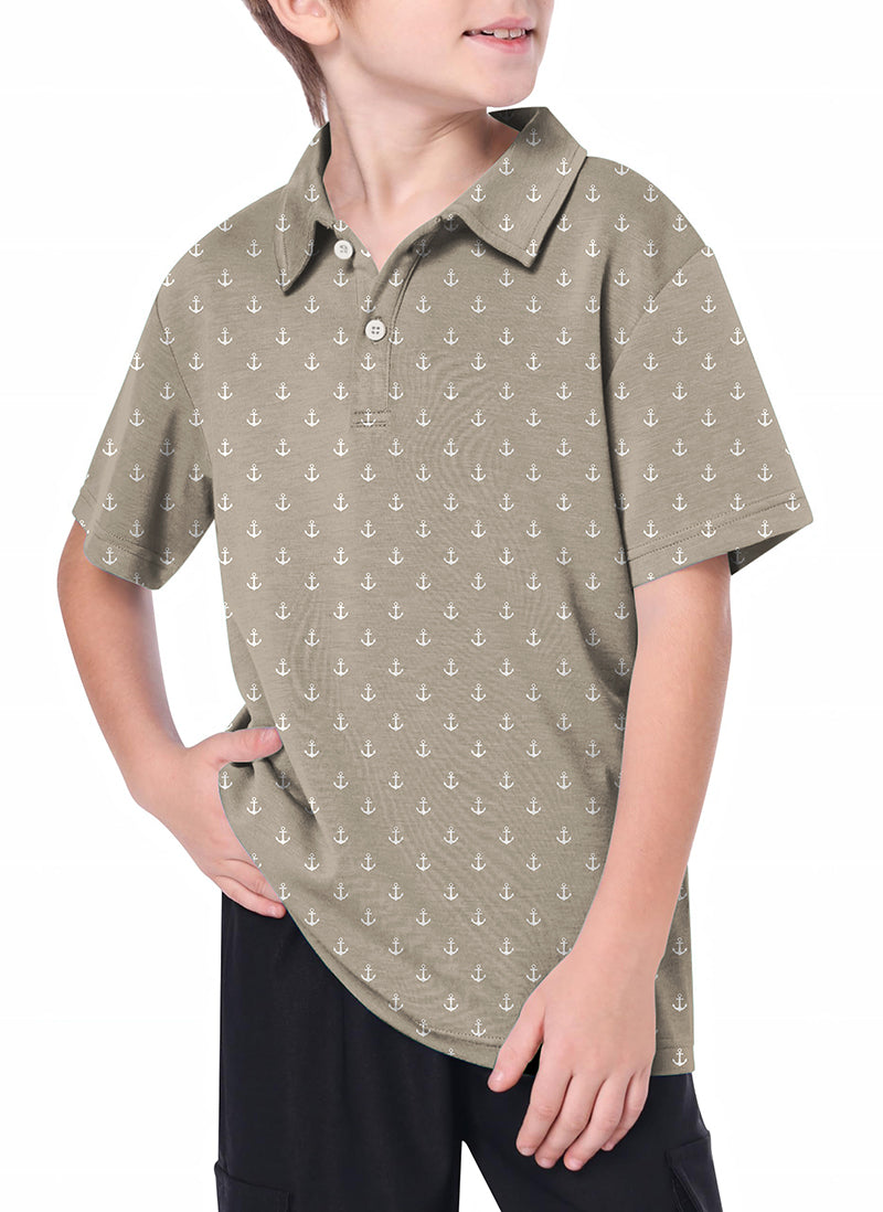 Youth beige anchor golf polo shirt with 4-way stretch and moisture wicking features worn by youth model