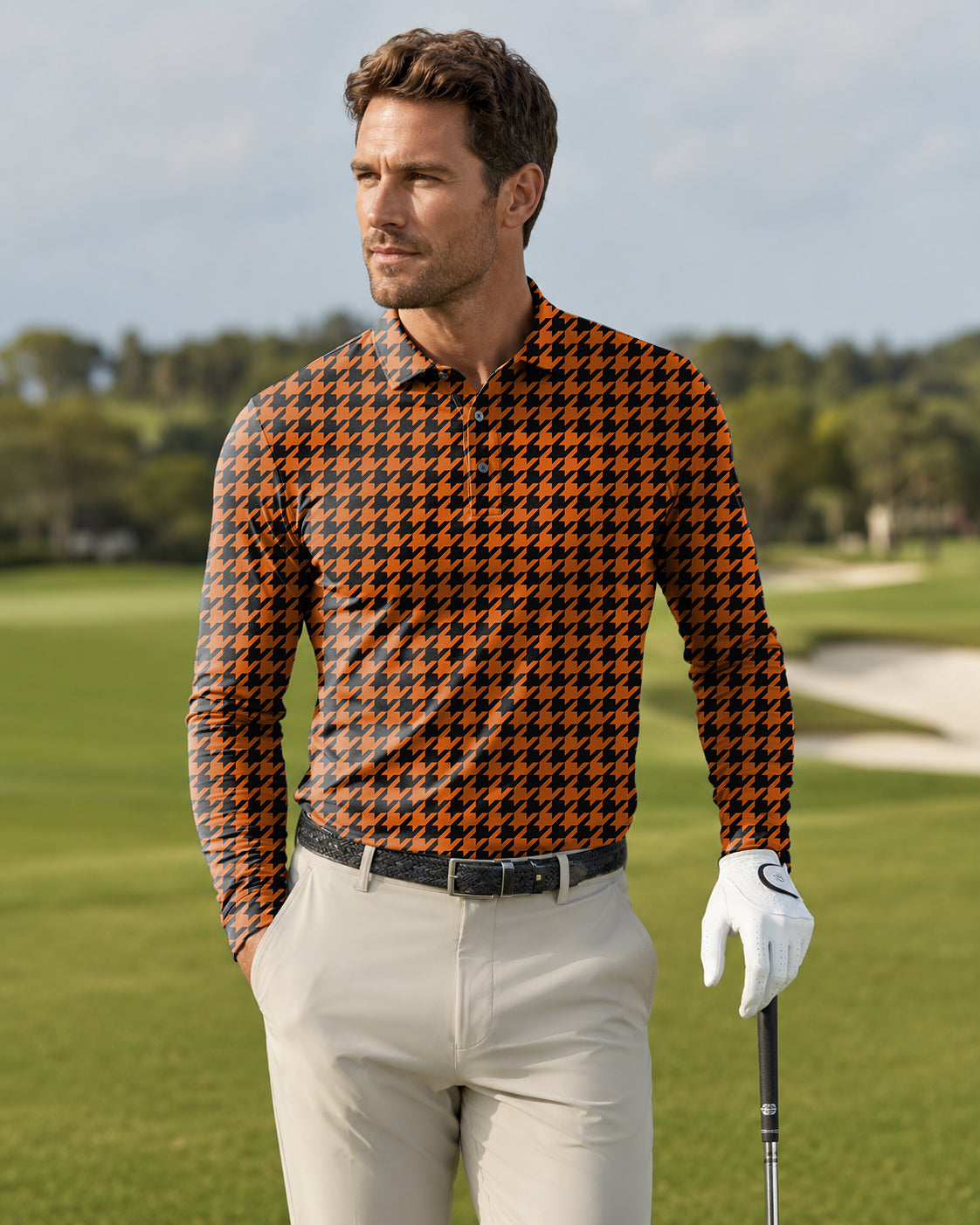 Men's Halloween yellow and black houndstooth Long-sleeved Polo