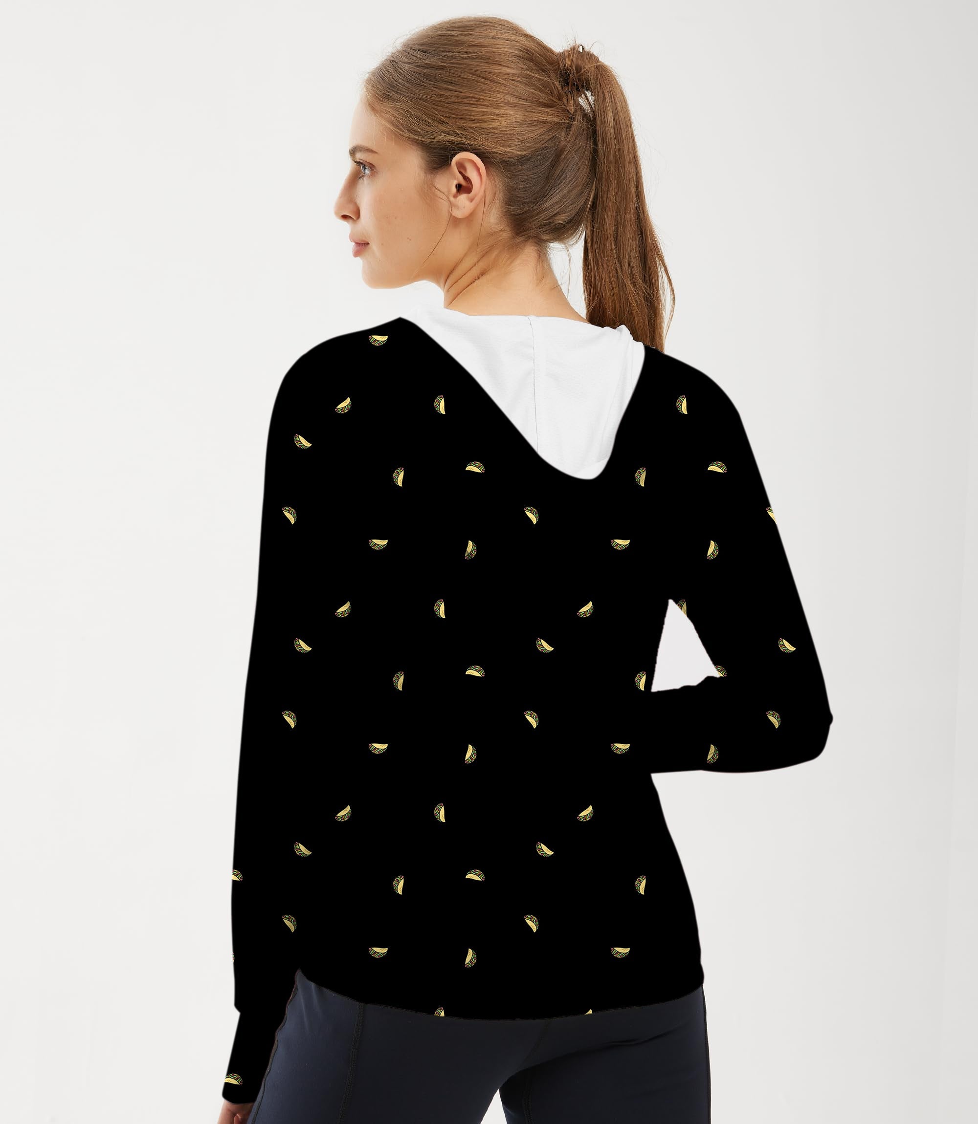 Women's outdoor slim fit zip hoodie with taco pattern, UV protection, breathable fabric, and thumb holes for sun protection.