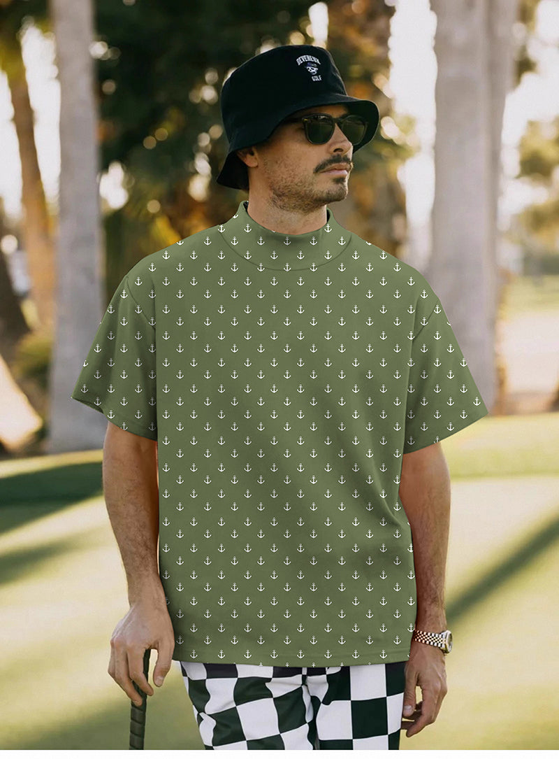 Men's olive green pullover T-shirt with anchor pattern and high neck, short sleeves