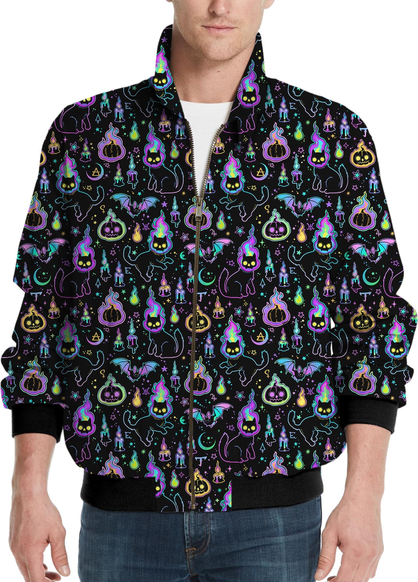 Men's Halloween Ghost Pumpkin golf windbreaker jacket with ghost, pumpkin, and cat patterns