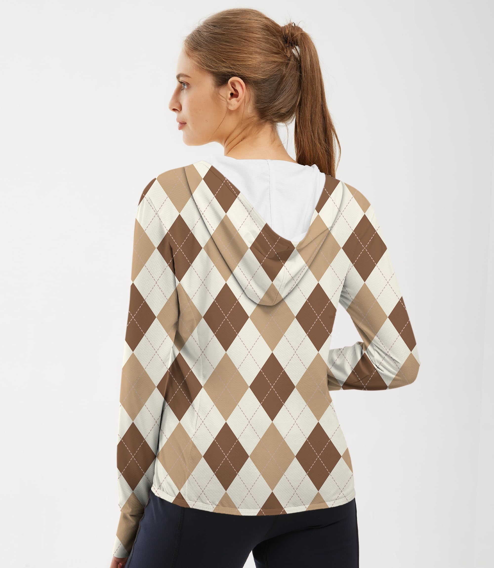 Women's outdoor brown argyle slim fit zip hoodie with sun protection and moisture-wicking fabric