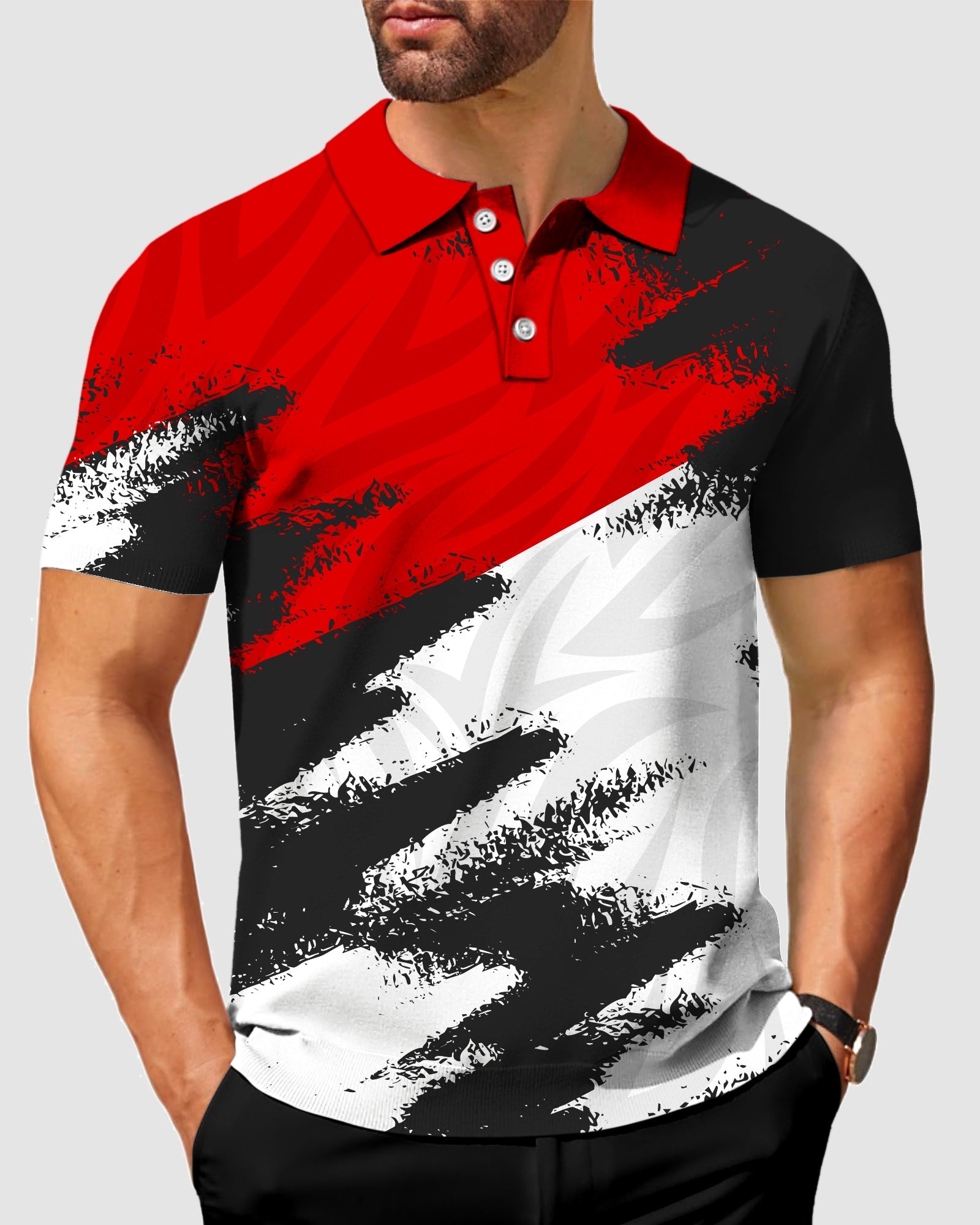 Men's red custom sport polo shirt with black and white abstract design, four-way stretch, moisture-wicking fabric, and UPF 40+ protection