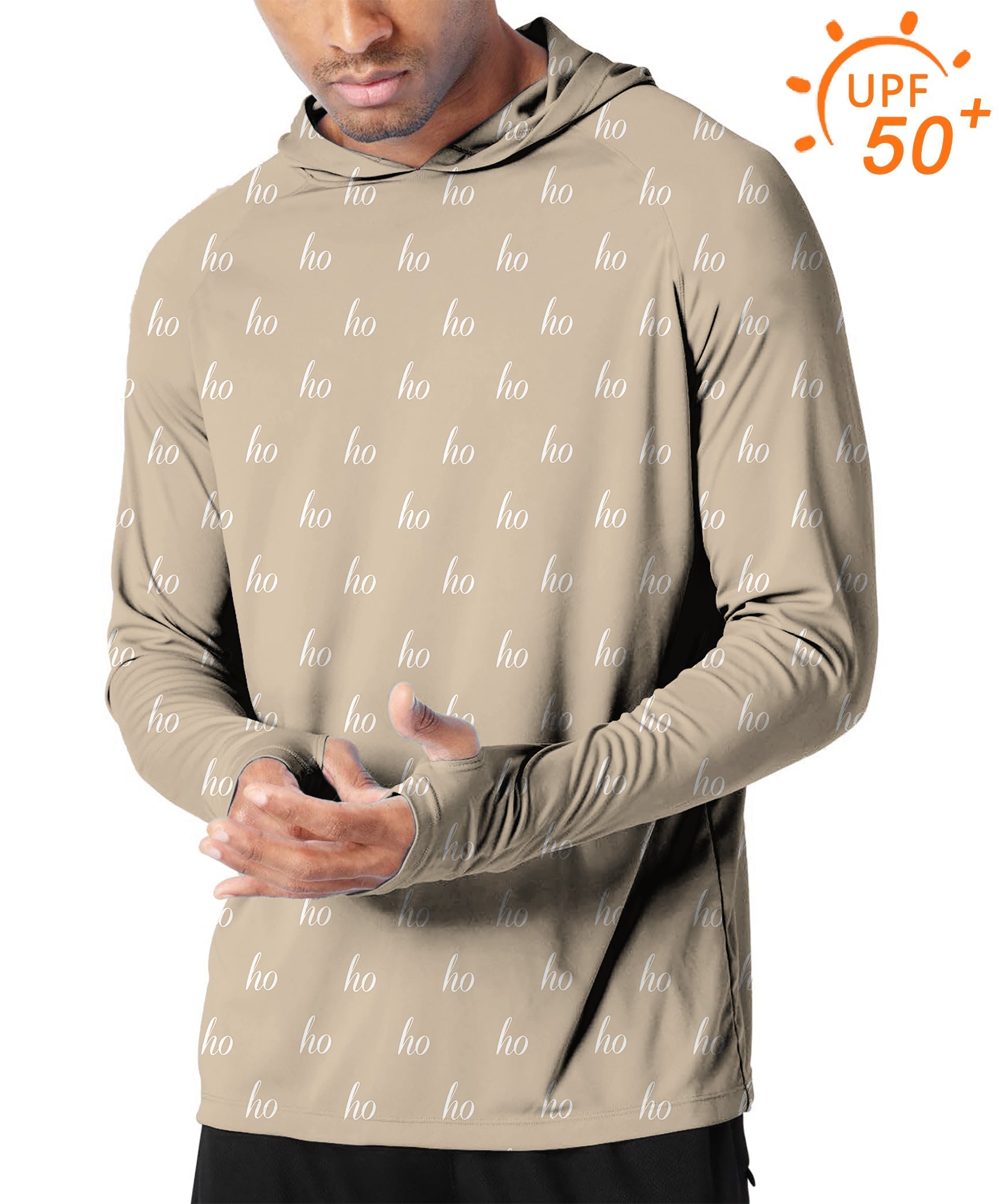 Men's outdoor beige slim fit hooded sun protection hoodie with UPF 50+ and moisture-wicking fabric