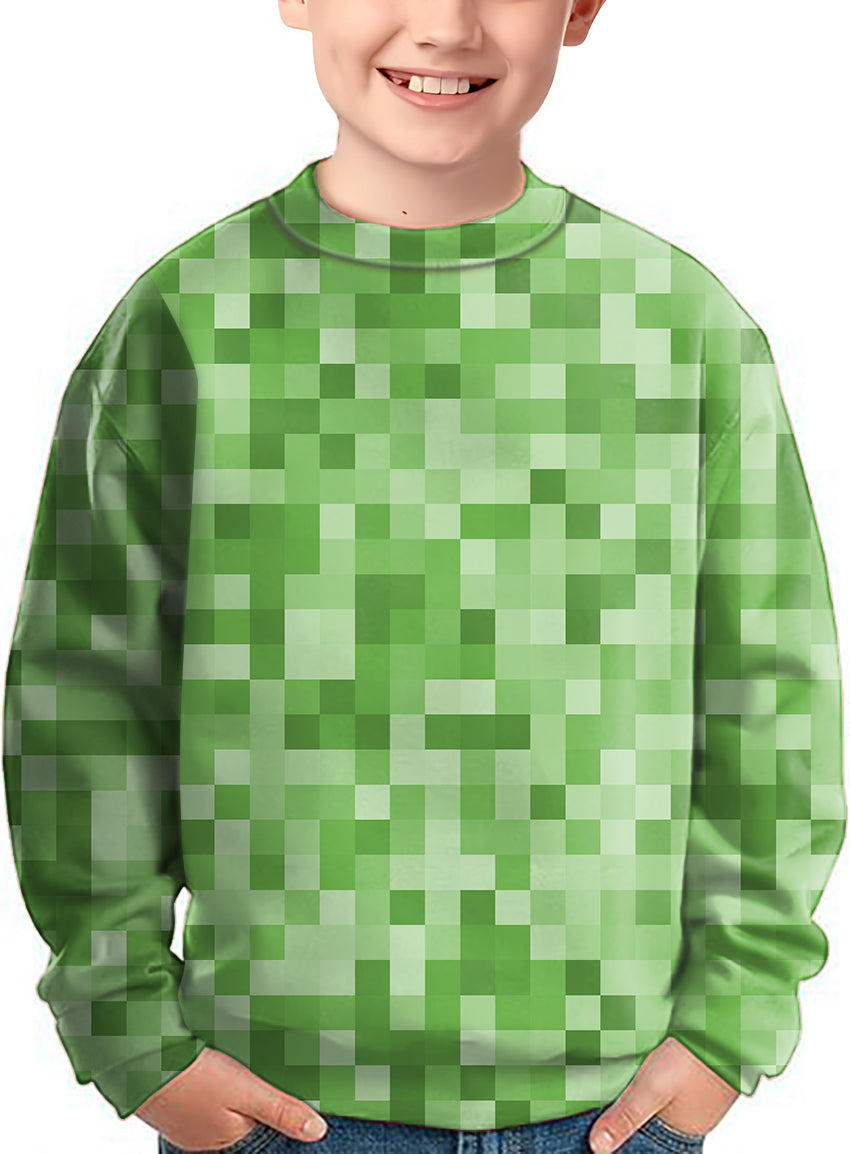 Light Green Pixel Big Crewneck Pullover Kids Ugly Sweater