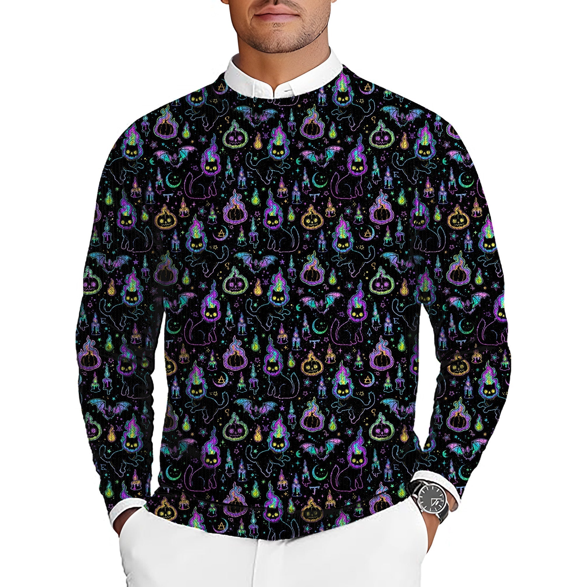 Men's Halloween ghost pumpkin cat golf crewneck pullover sweater with spooky pattern