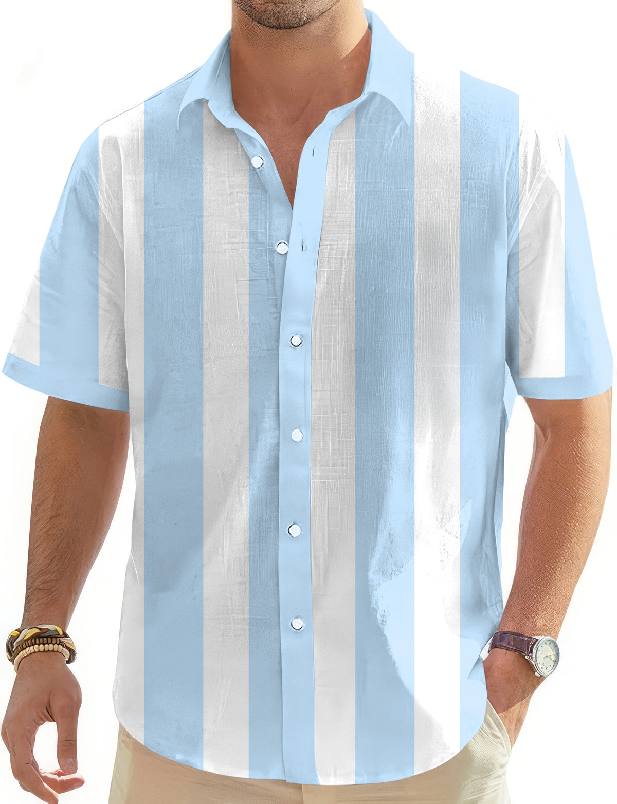 Blue and white vertical stripes Men's Golf Hawaiian Shirts Button Down Shirt