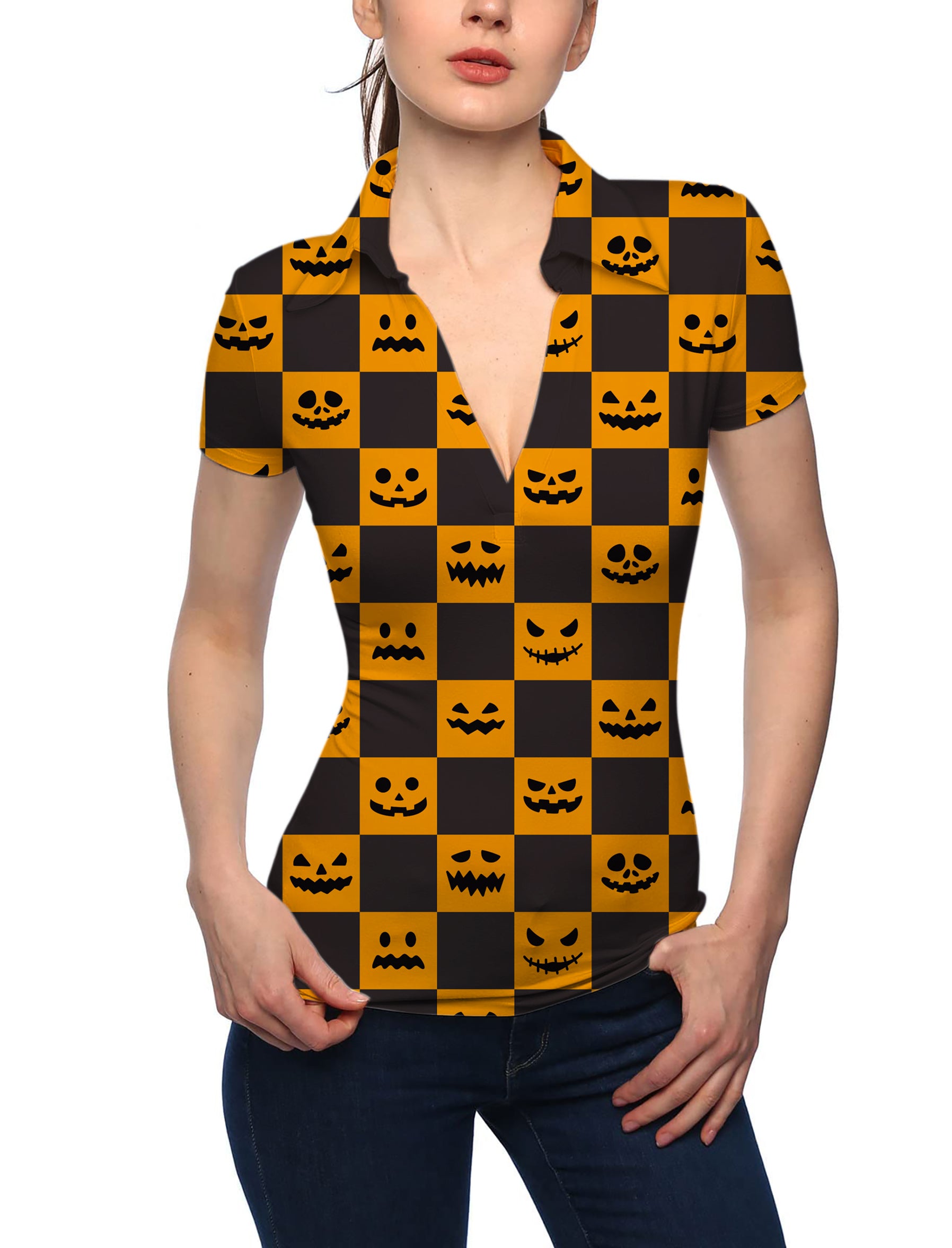 Women's Halloween black and yellow checkerboard pumpkin V Neck Golf Polo
