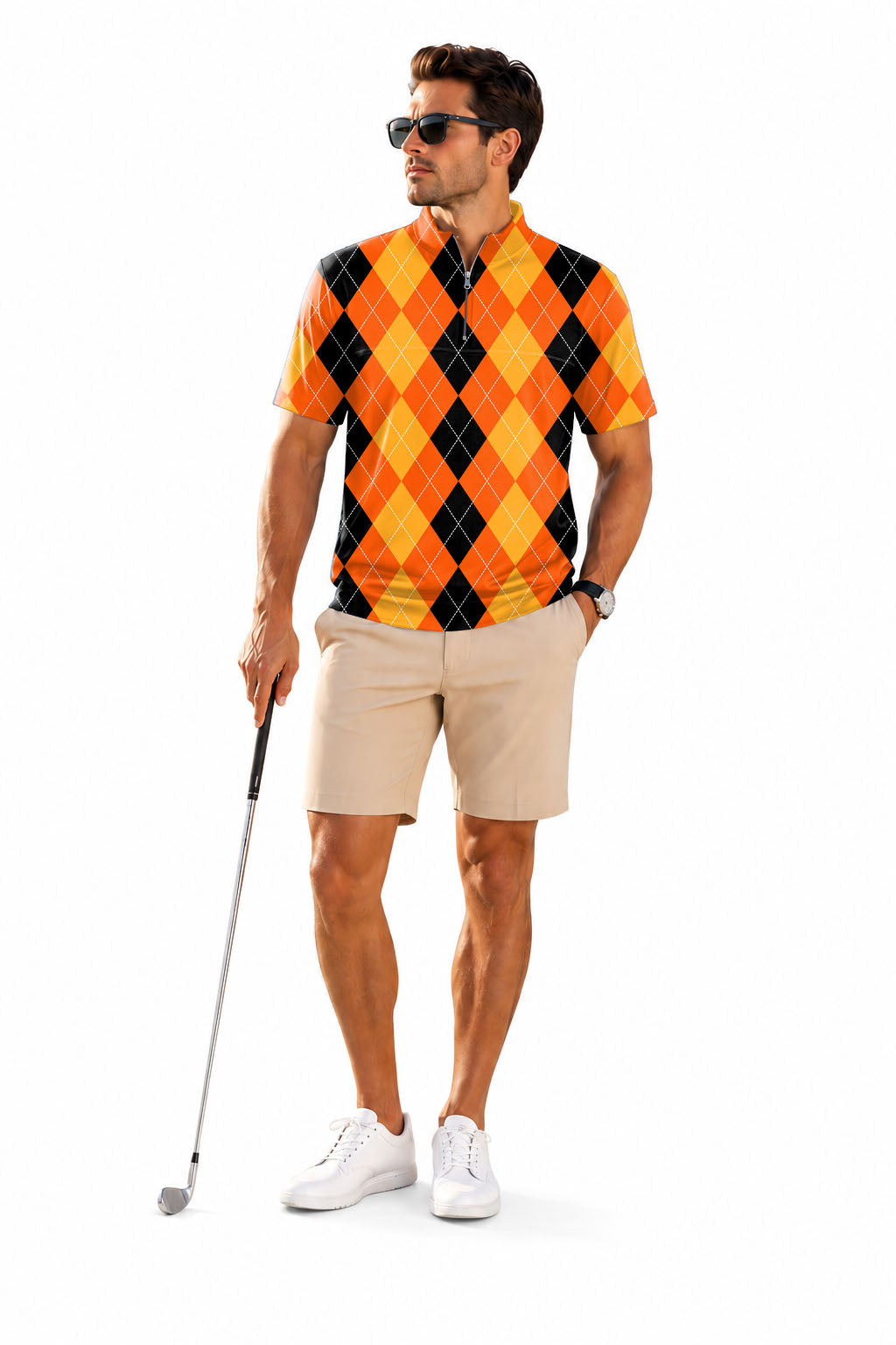 Men's Short Sleeve Quarter Zip Golf Pullover Halloween Black Yellow Orange Argyle Embroidery