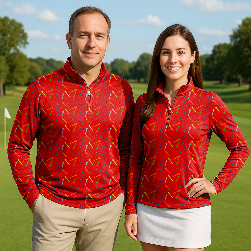 Golf Dings Couple wearing red 3/4 zip active tops with long sleeves for golf and outdoor activities