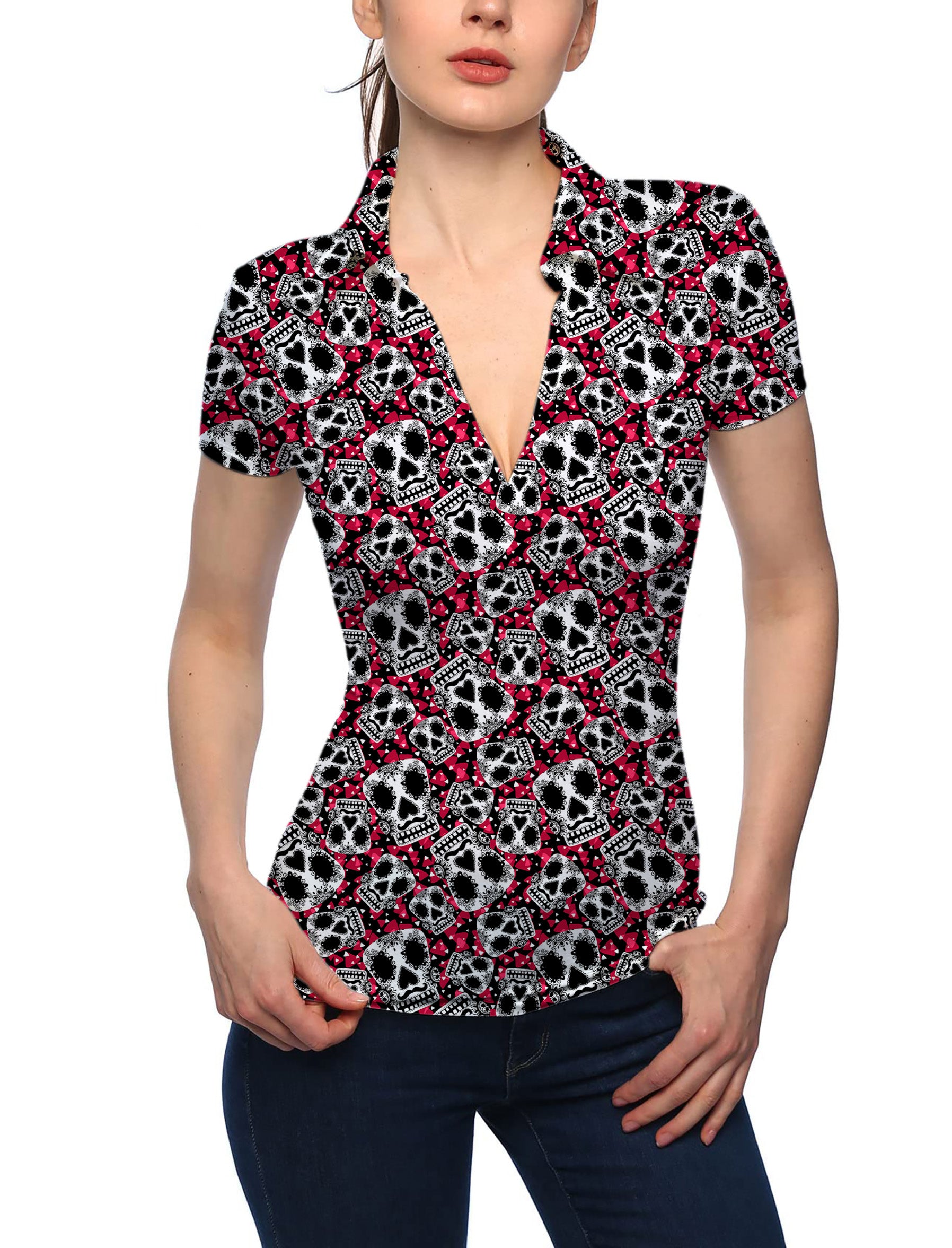 Women's Sugar Skull Pattern V Neck Golf Polo