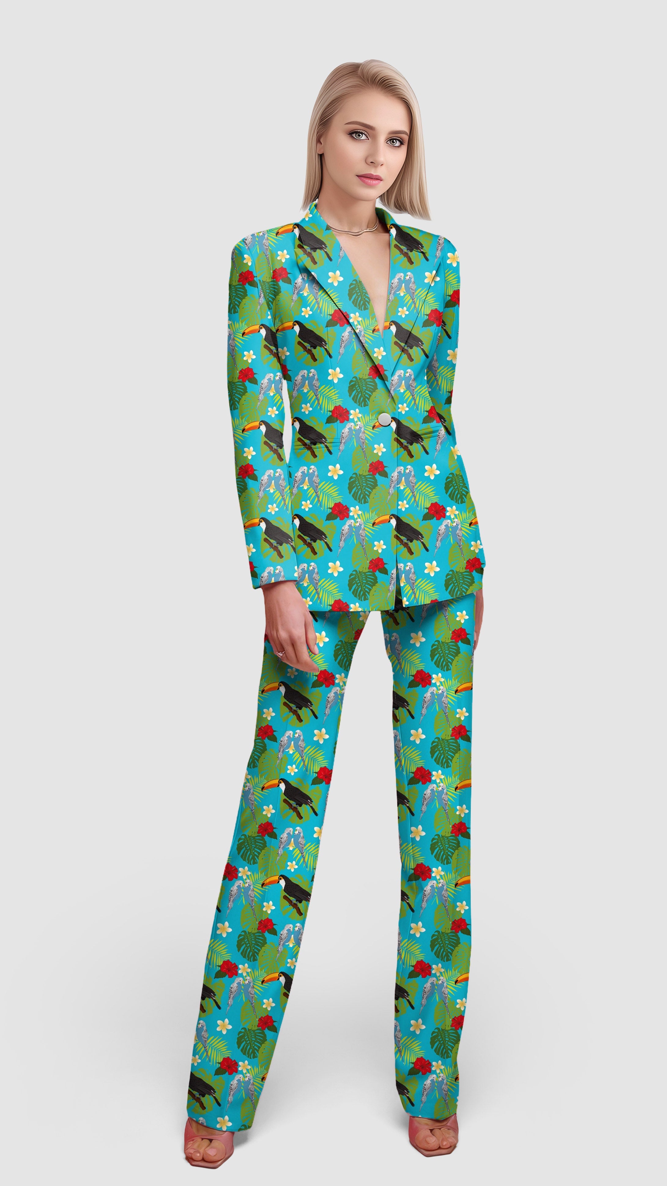 Flamingo-Women's blazer suit set with colorful tropical print, tailored fit, single-button jacket, and matching pants for casual and office wear