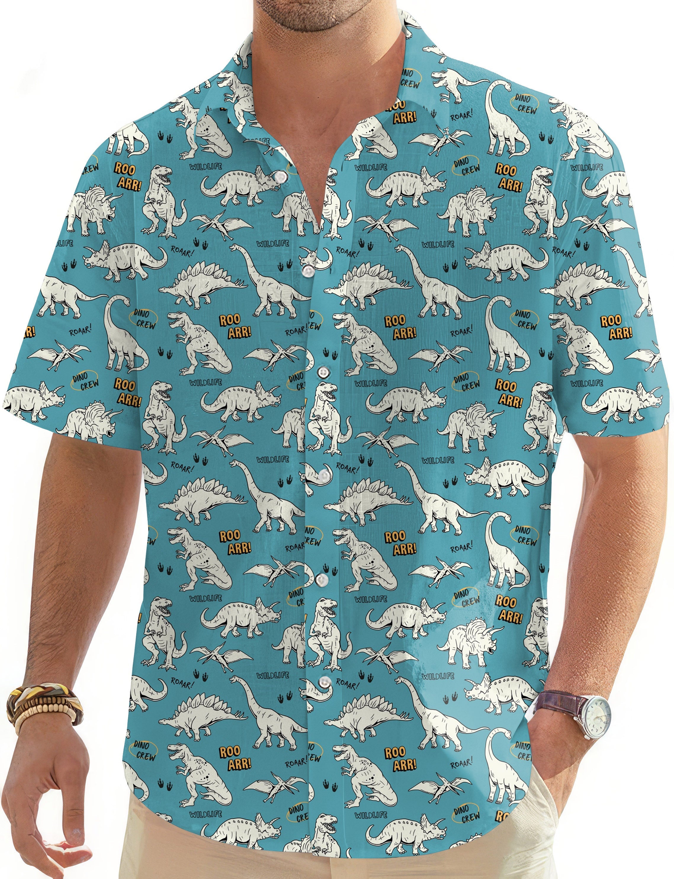 Men's Dinosaurs rawr-Men's Hawaiian golf shirt with button-down collar and short sleeves in blue