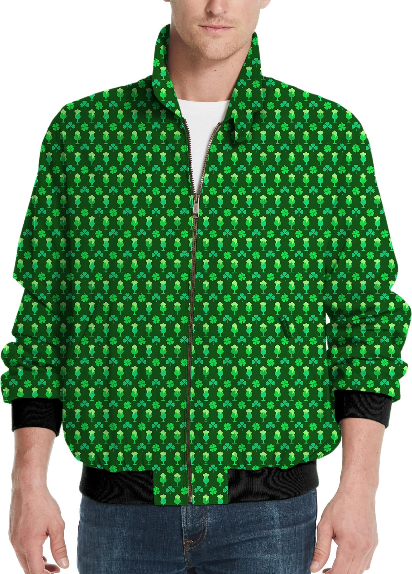 Men's golf windbreaker jacket with green beer clover pattern for St. Patrick's Day