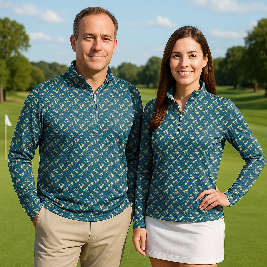 Golf Cart Couple Golf active 3/4 zip top long sleeve shirts in patterned blue fabric on golf course