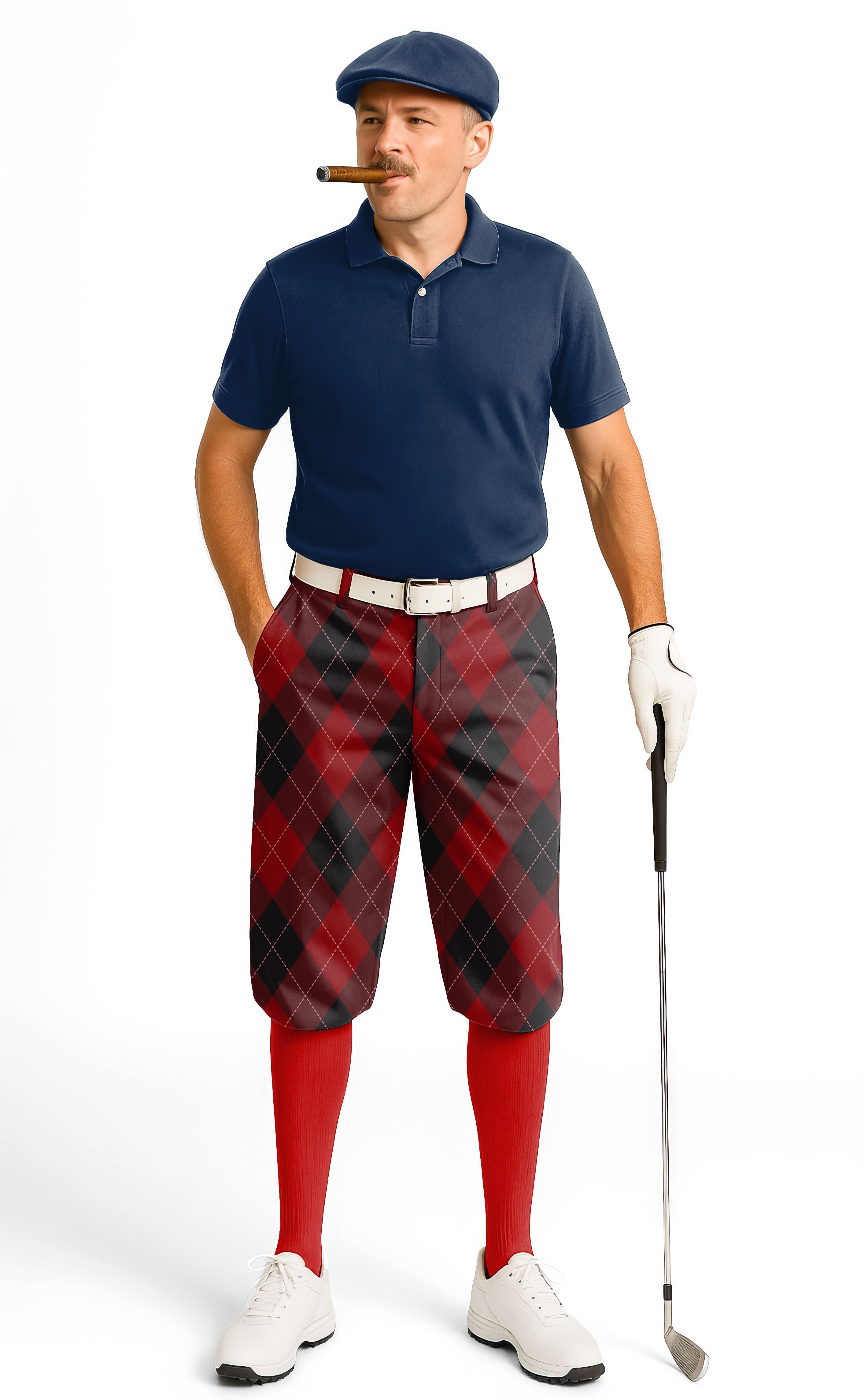 Man wearing red Argyle men's golf knickers with ankle cuffs and white belt holding golf club