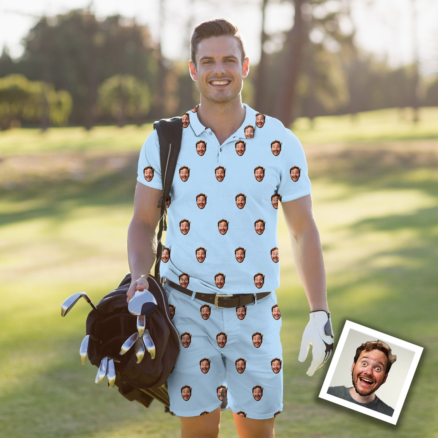 Men's golf set polo and shorts customized with funny face photo, moisture-wicking fabric, and classic fit
