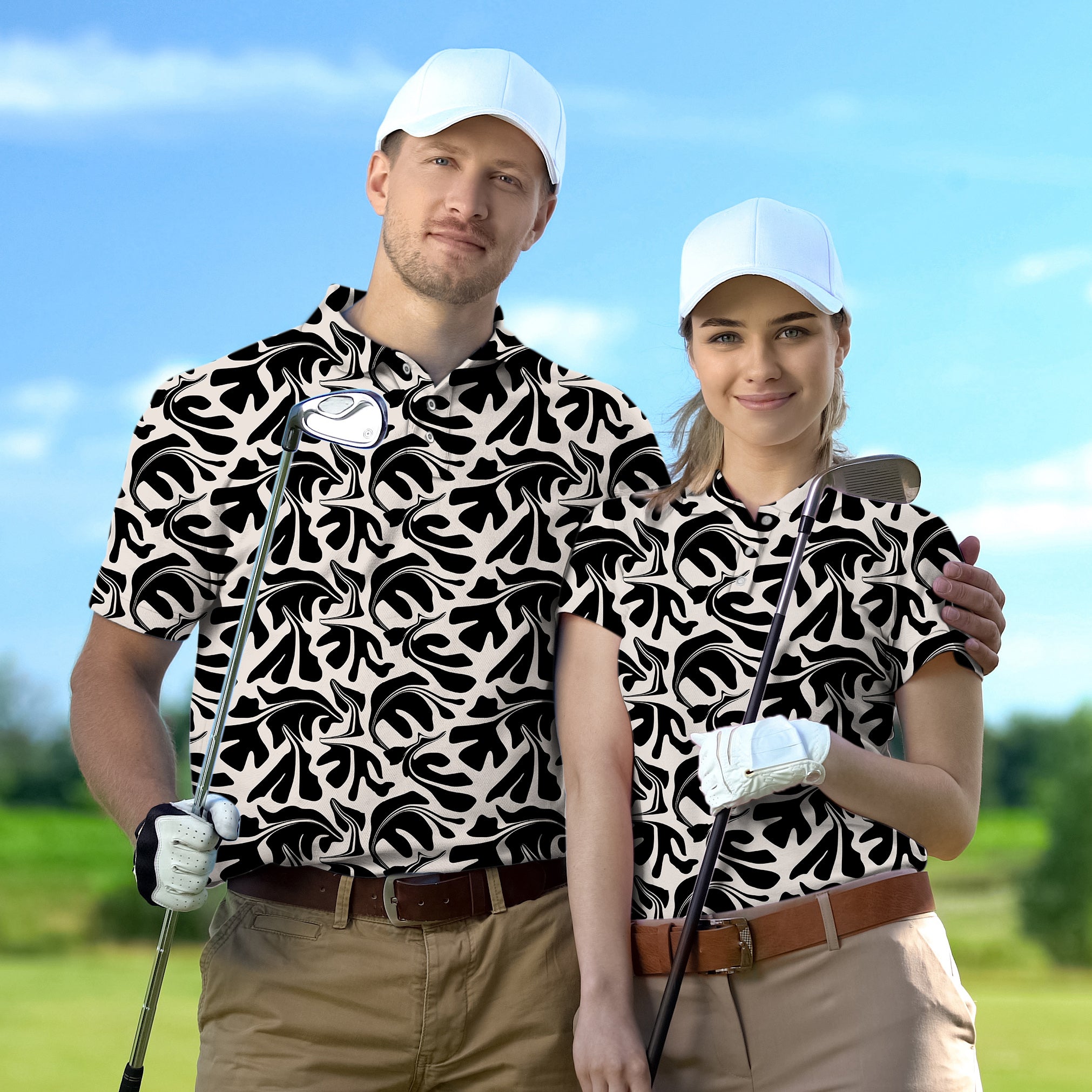 Golf Polo Couple Family set Black Geometry tournament