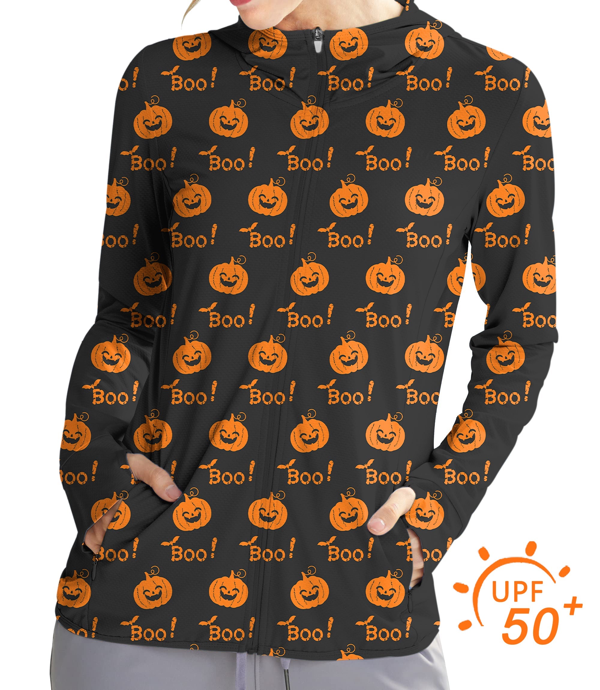 Women's outdoor Halloween zip hoodie with Boo pumpkin pattern and UPF 50+ sun protection