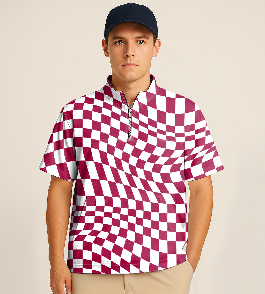 Man wearing half zipper turtleneck golf shirt with distorted space embroidery and checkered pattern