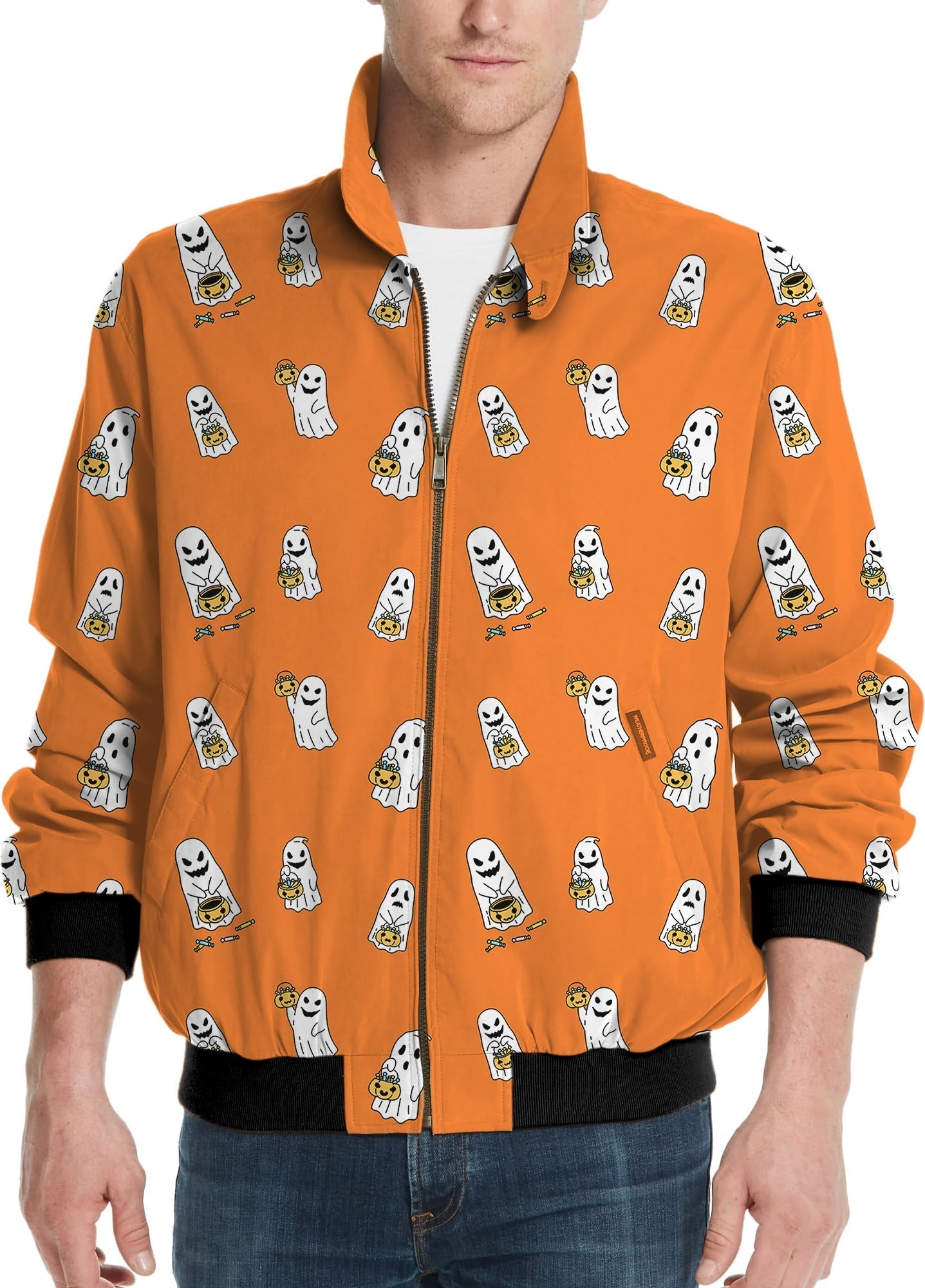 Men's golf windbreaker jacket with Halloween ghost pumpkin basket print on orange background