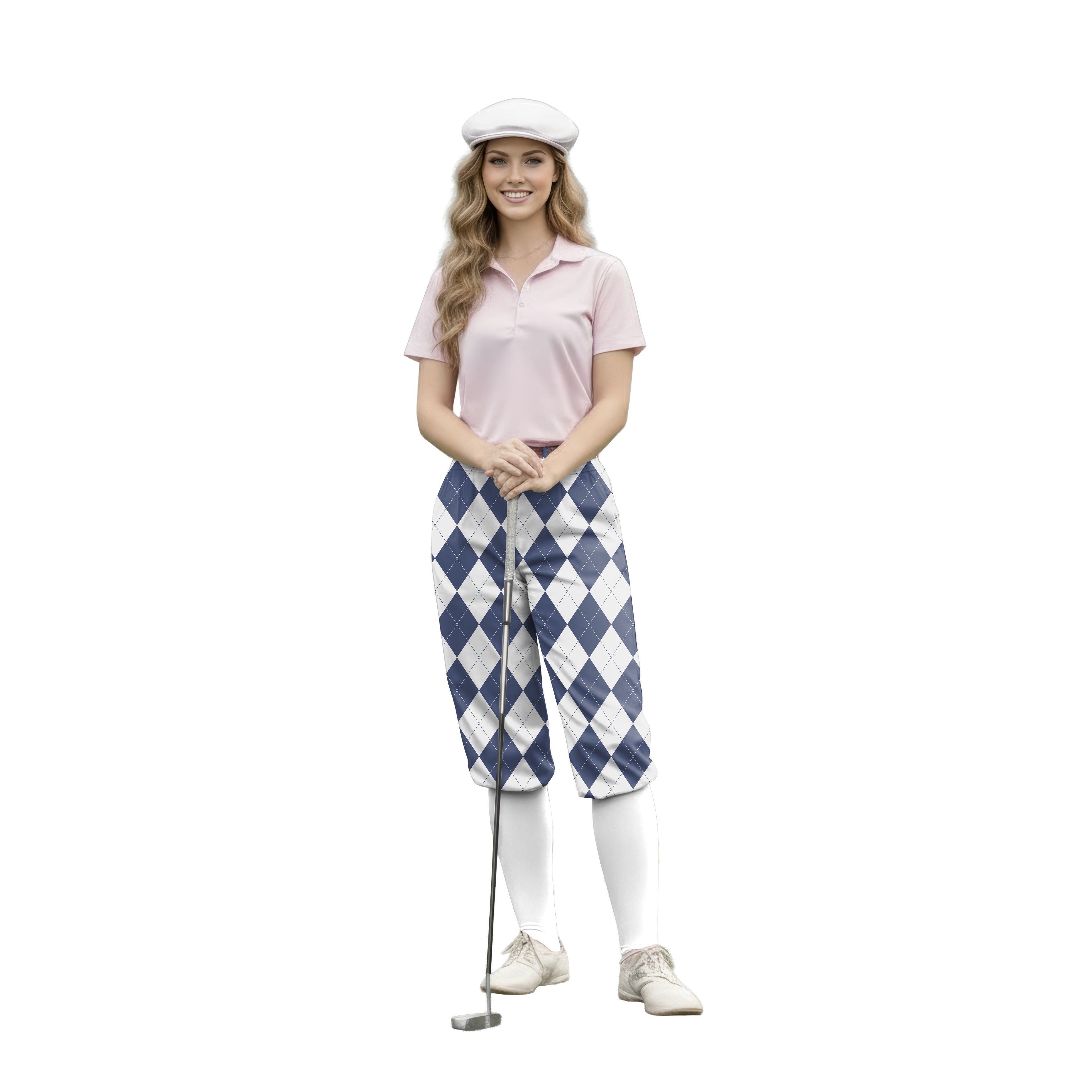 Woman wearing navy blue argyle golf knickers with light pink polo and white cap holding golf club