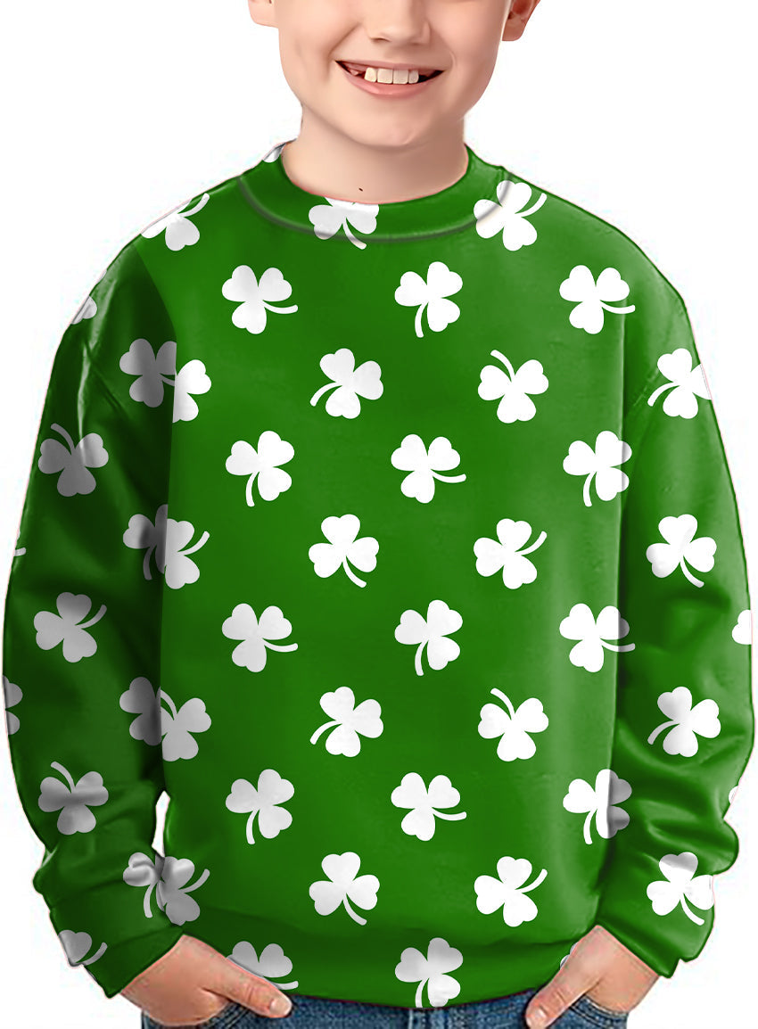 Kids green crewneck pullover with white leaf clover pattern for St. Patrick's Day
