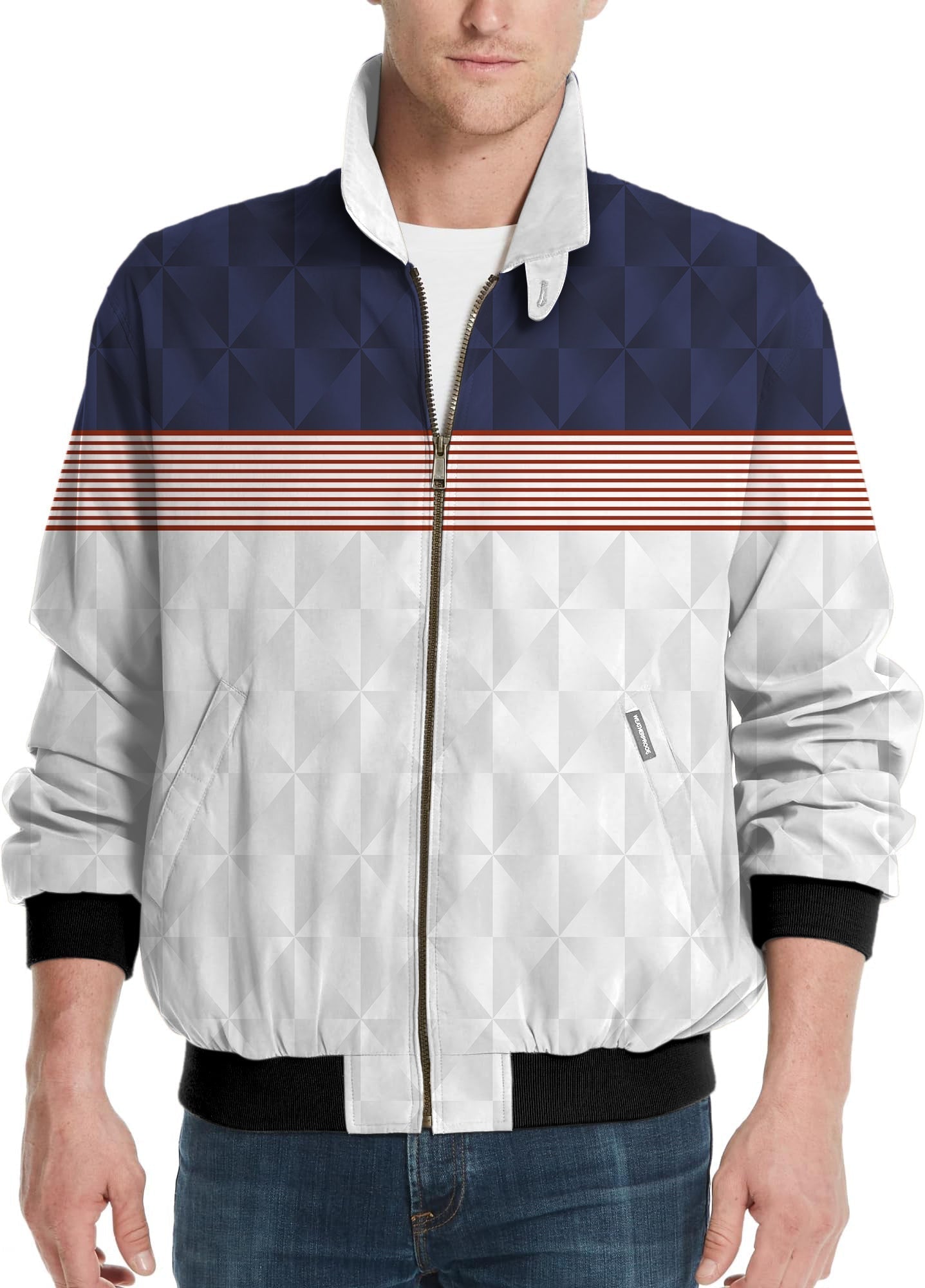 Men's golf windbreaker jacket with navy top and white bottom featuring red stripe splicing design