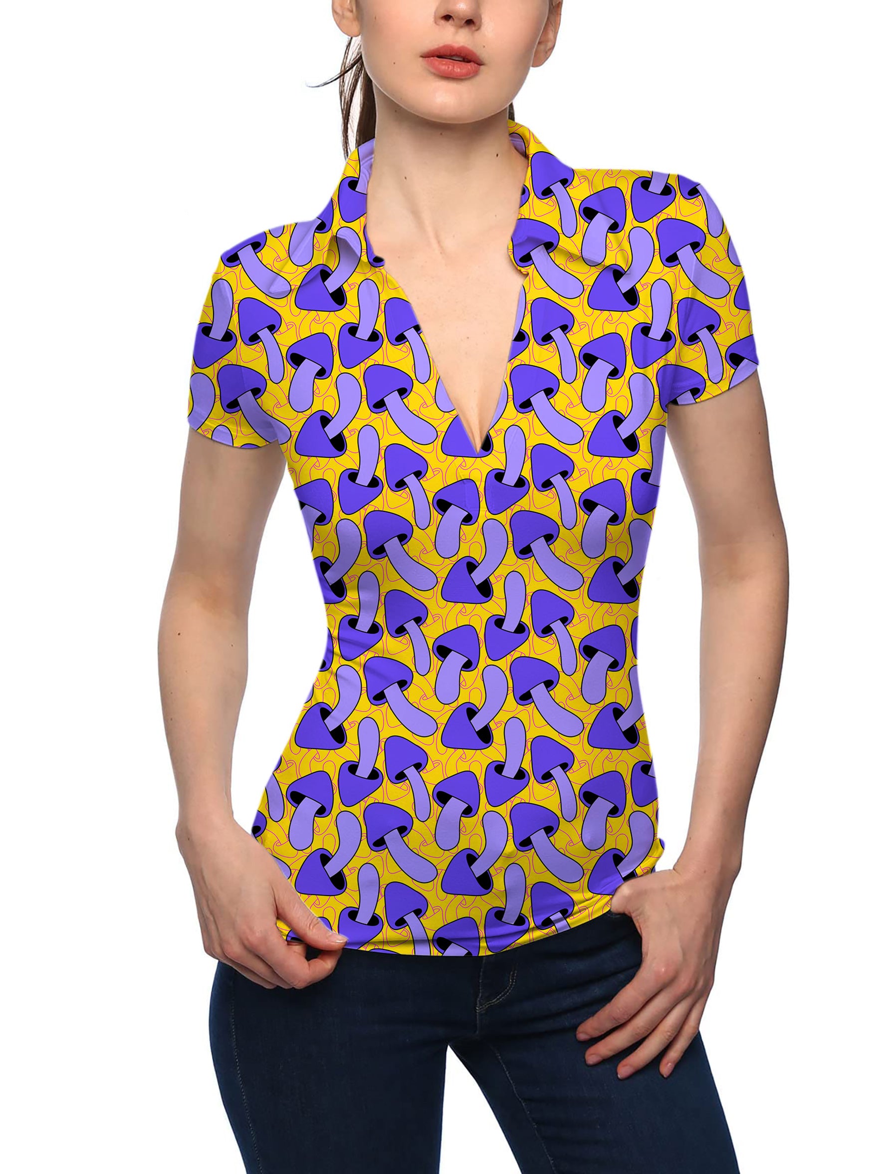 Women's Psychedelic Mushroom Print V Neck Golf Polo