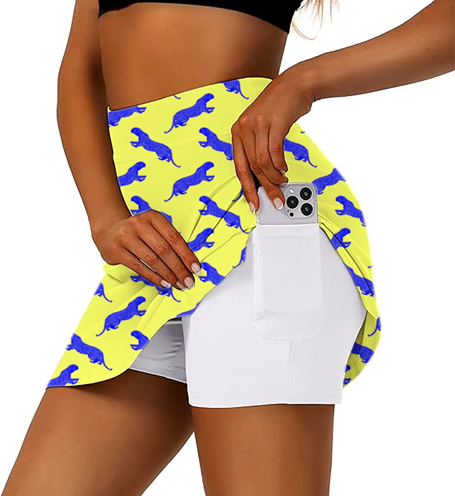 blue leopard women's athletic golf skorts with side phone pocket and flared skirt design