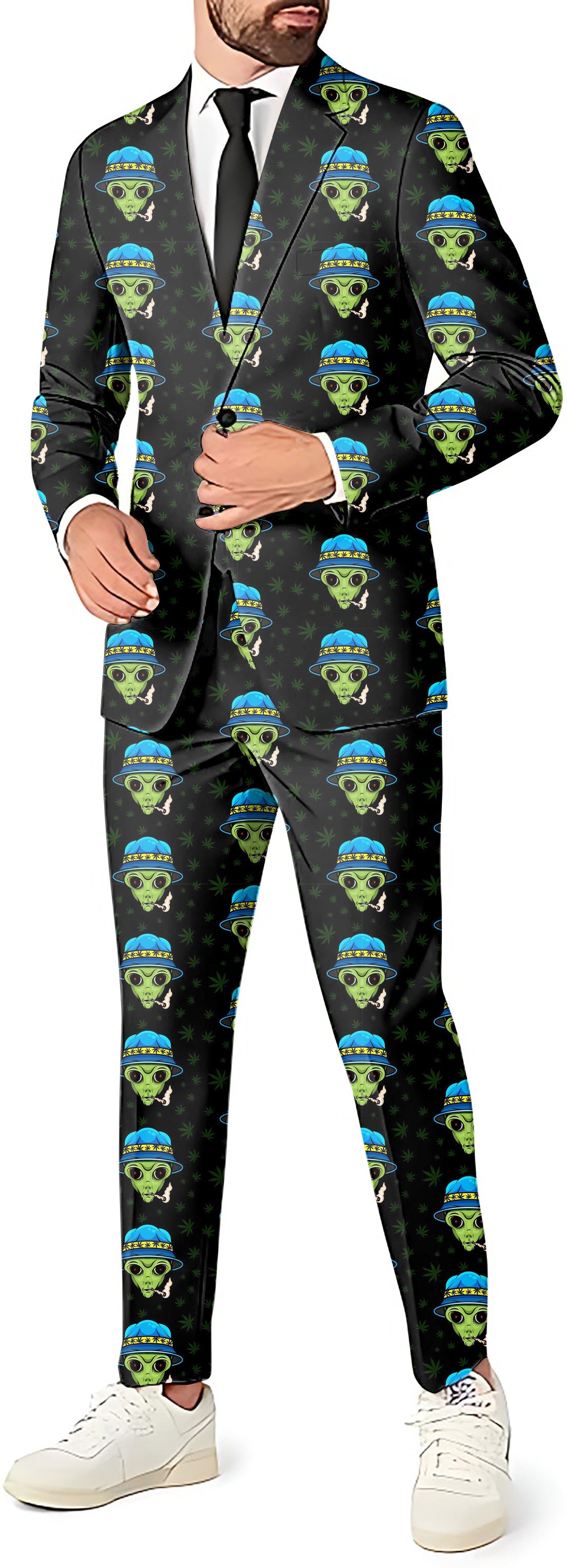 Smokin' Galactic Men's party costume suit with alien skull blazer, pants, and vest set