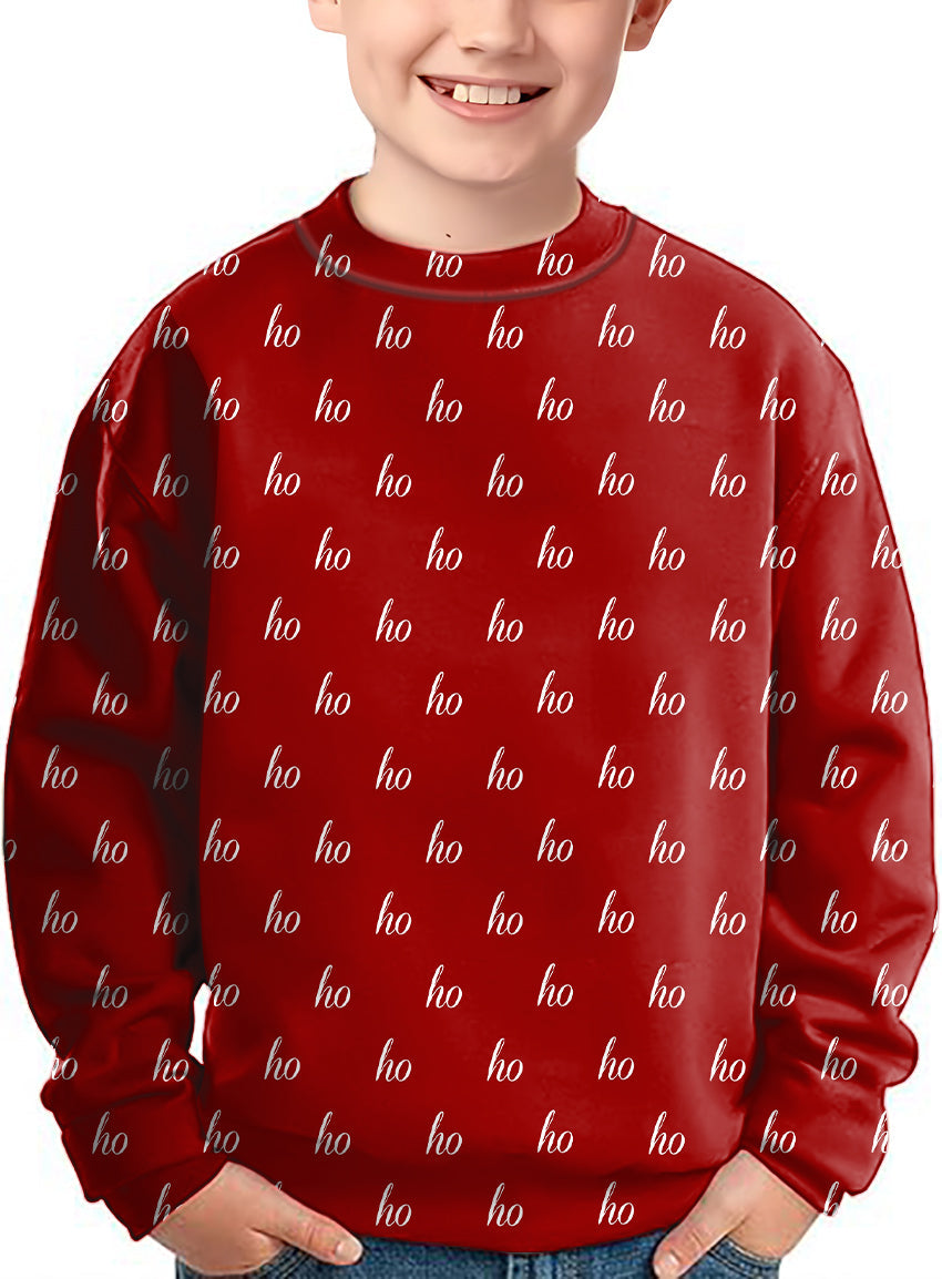 Red custom name Christmas crewneck pullover for kids with festive "ho" pattern
